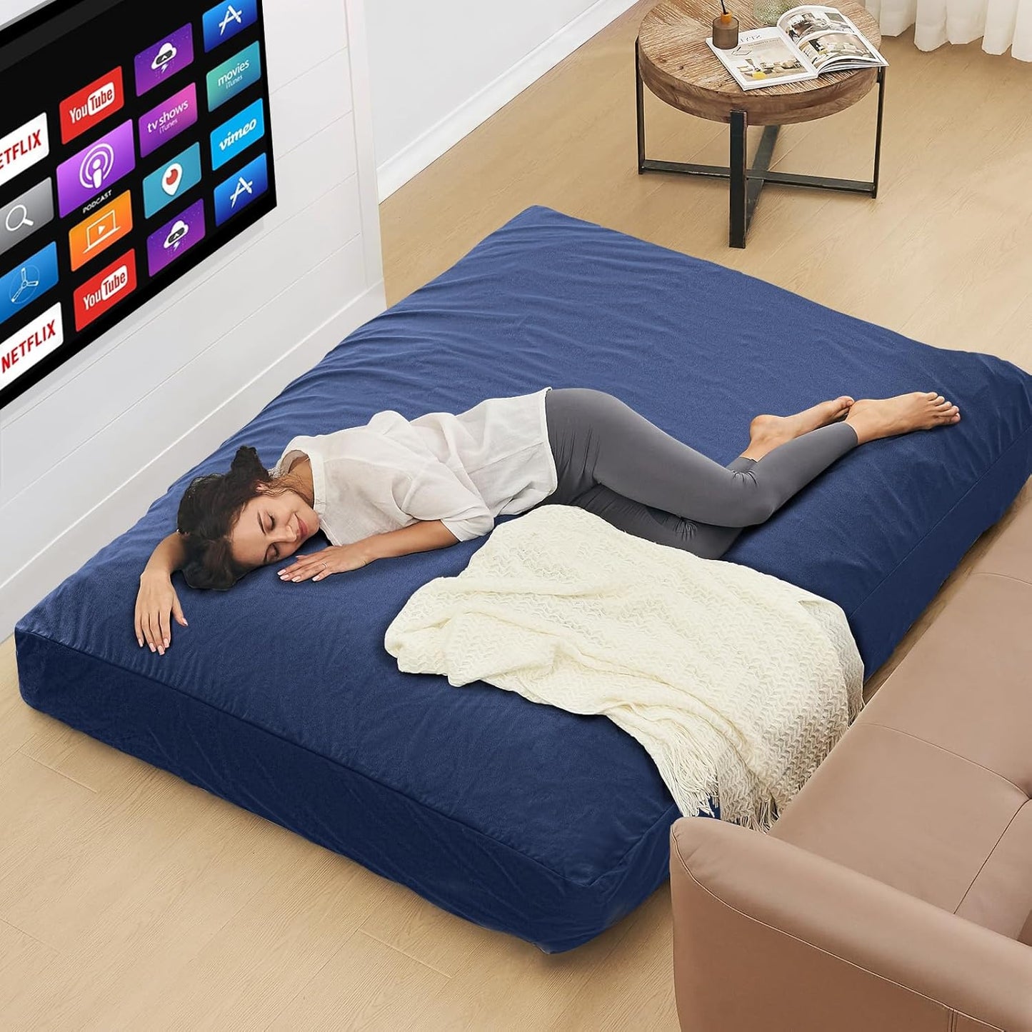 Bean Bag Chairs for Adults - Giant Bean Bag Chair Convertible Bean Bag Bed - Beanbag Chair with Micro Fiber Cover/Furniture Foam Filler - Floor Couch Sofa in Bedroom Dorm Room - Full Navy Blue
