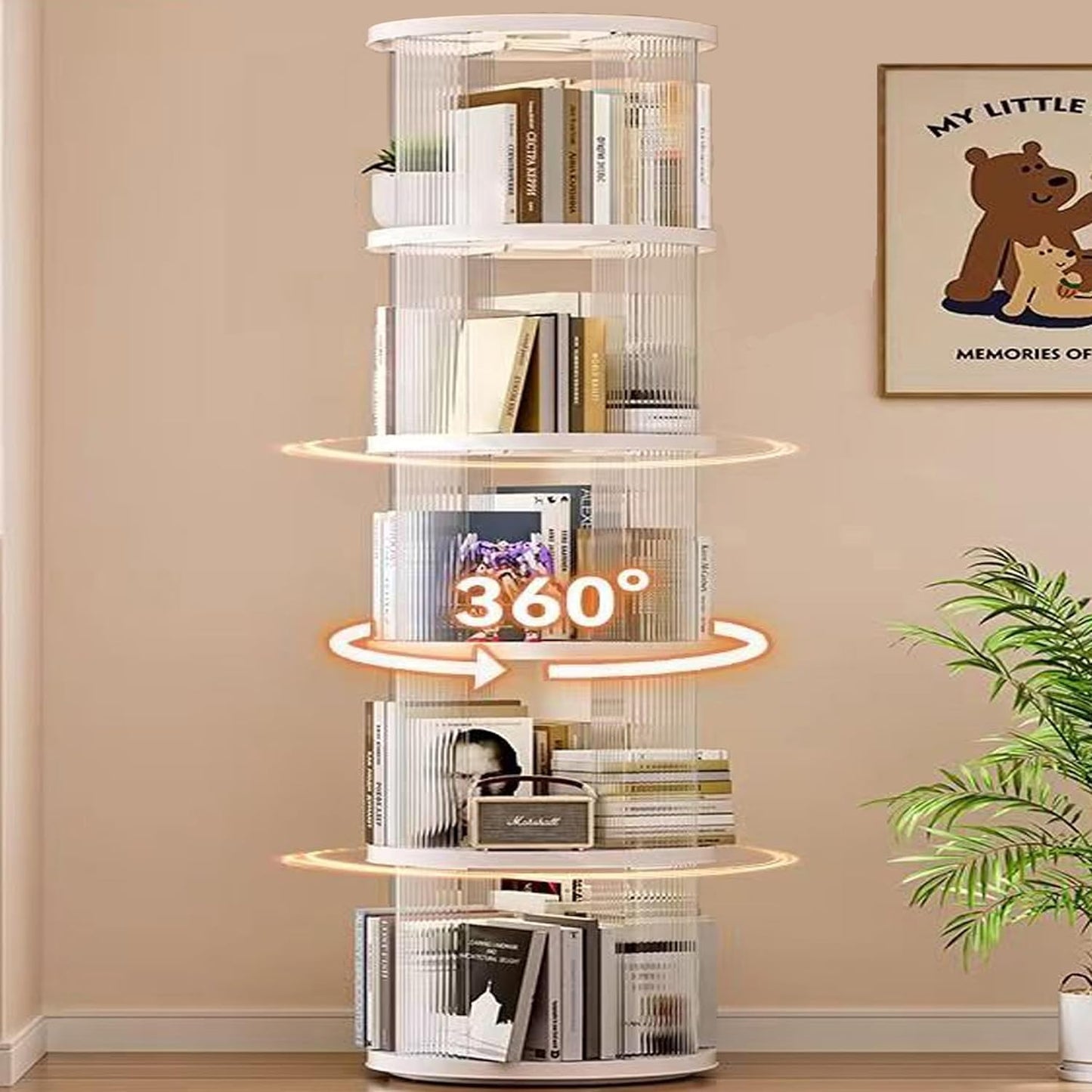 Rotating Bookshelf Tower,360° Rotating Bookshelf,66 inch High Small Space Revolving Bookcase, Suitable for Spinning Bookshelf Tower in Home and Office (White, 5 Tier, 16x16x66)