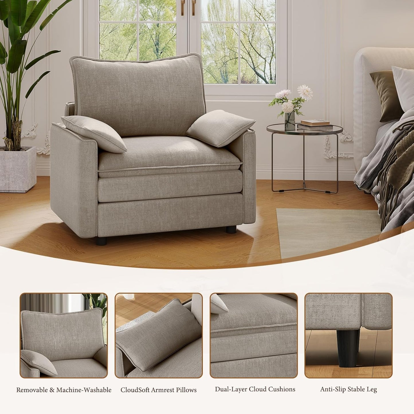 Vesgantti 40" Single Seat Sofa, Comfy Cloud Couch Deep Seat Upholstered Couch Chenille Modern Sofa with Armrest Pillow, Easy Assembly for Living Room, Bedroom and Apartment, Light Brown