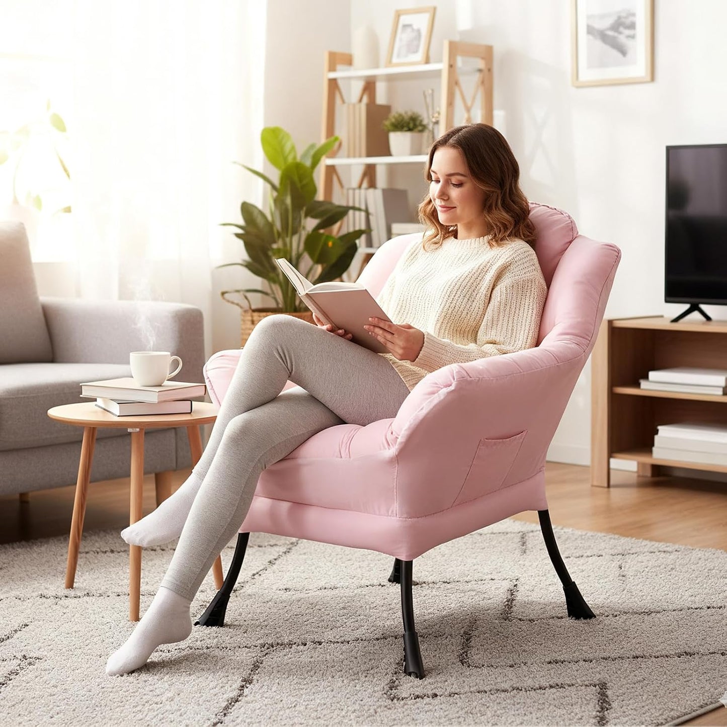 Lazy Chair with Pillow for Living Room, Modern Lounge Accent Chair with Armrests and a Throw Pillow, Leisure Sofa Chair Set, Reading Chair for Bedroom, Dorm Room, Office, Pink