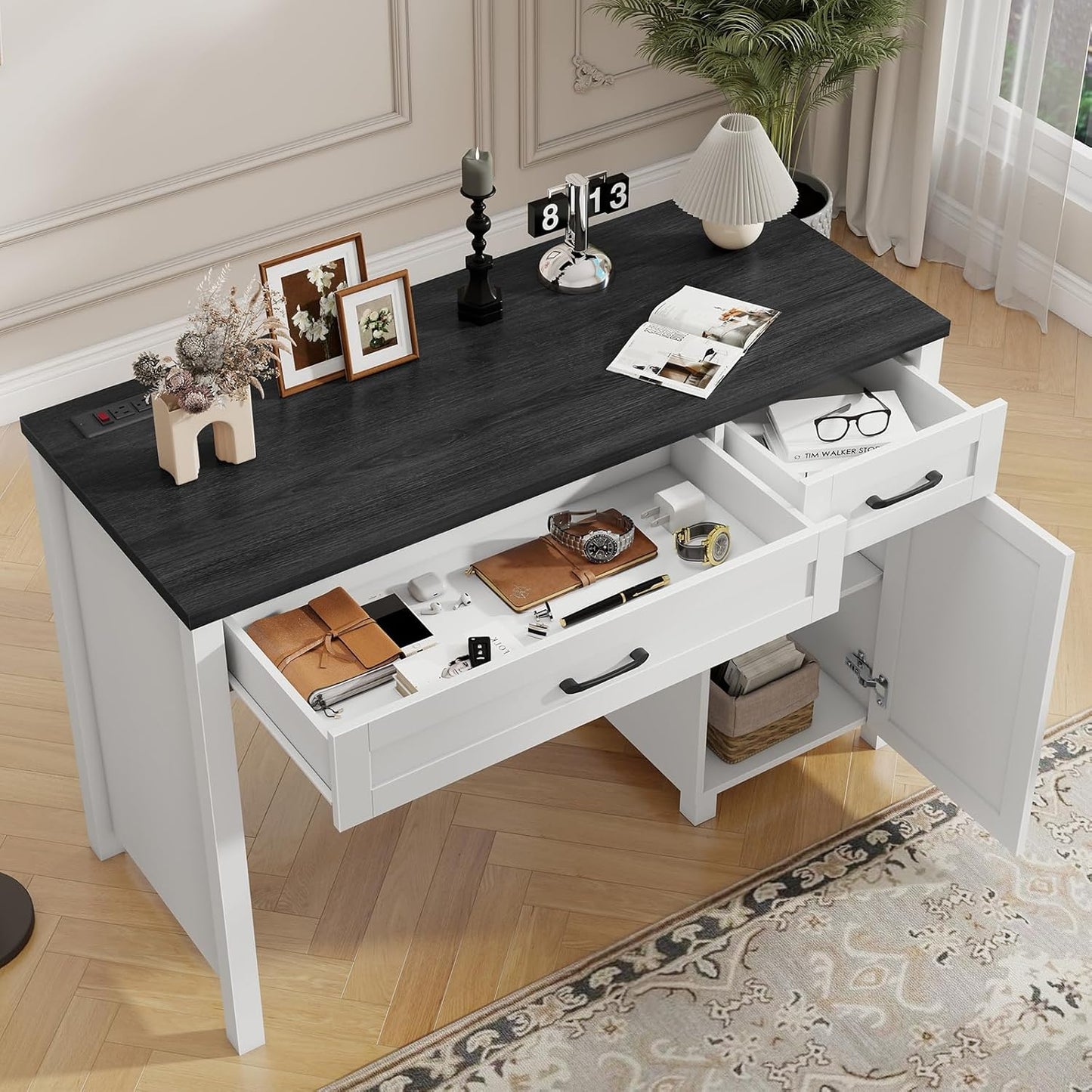 Farmhouse 47" Executive Desk, Computer Desk with Drawers and Storage Cabinet, Workstation Computer Desk for Home Office and Study.(Black)