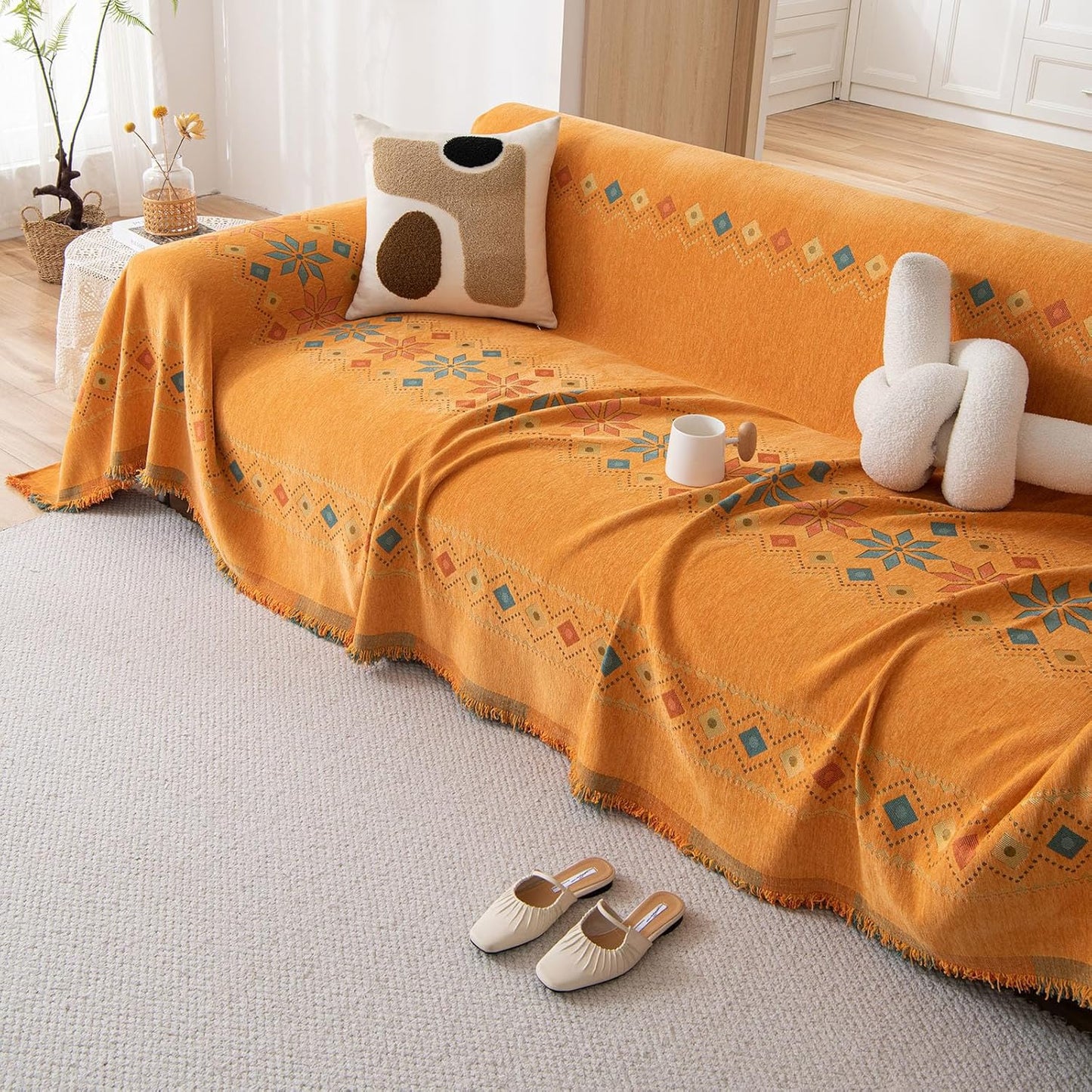 STACYPIK Orange Jacquard Sofa Cover for Sectional, Boho Couch Cover for Loveseat, Non Slip & Stain-Resistant Furniture Protector for 3 Cushion Couch, Reversible Couch Slipcover for Dogs-71X150IN