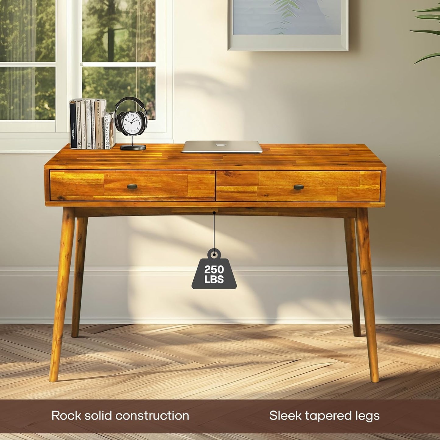 Acacia Lagom 48" Solid Wood Work Desk with Drawers, Office Furniture, Scandinavian Style Work Table for Home Office (Caramel)