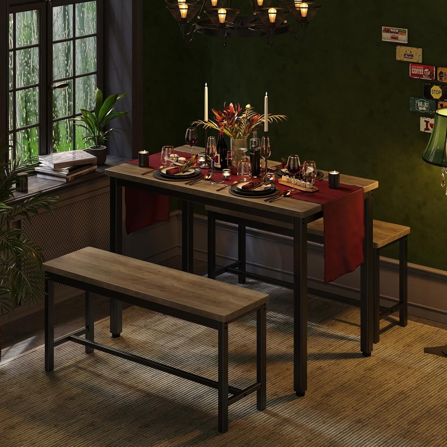 Tatub Dining Table Set for 4, 3-Piece Kitchen Table with 2 Benches, Space-Saving Dining Room Set for Breakfast Nook and Small Spaces, Grey