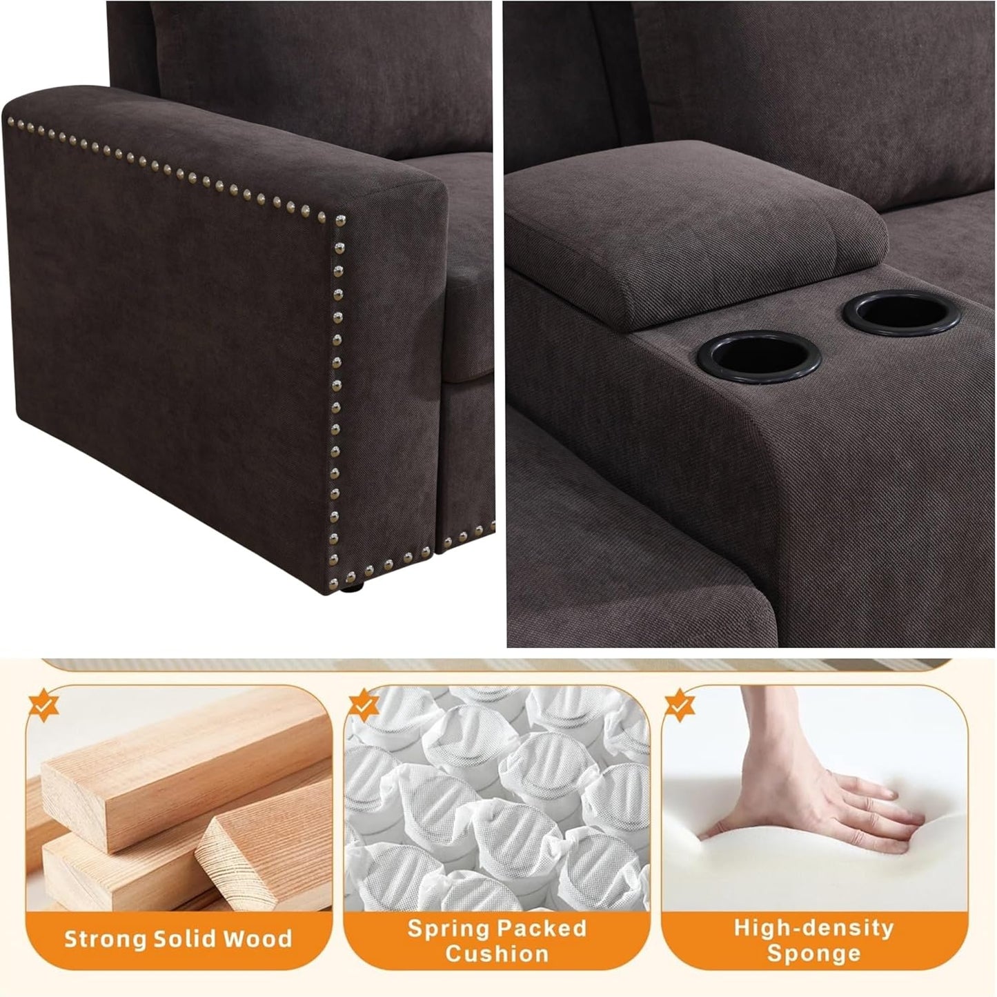 Sectional Couches for Living Room, Modular Sectional Sofa with Ottoman, Modern Nail-Head Design Large Corner L Shaped Couch with Cup Holder for Bedroom, Brown