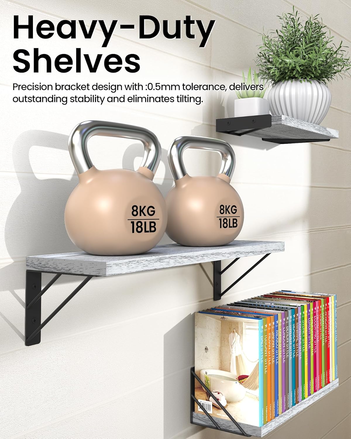 BAYKA Wall Shelves for Bedroom Decor, Floating Wall Shelves for Living Room Kitchen Storage, Wall Mounted Rustic Wood Floating Shelves for Kids Books,Corner Shelves for Bathroom(White，Set of 3)