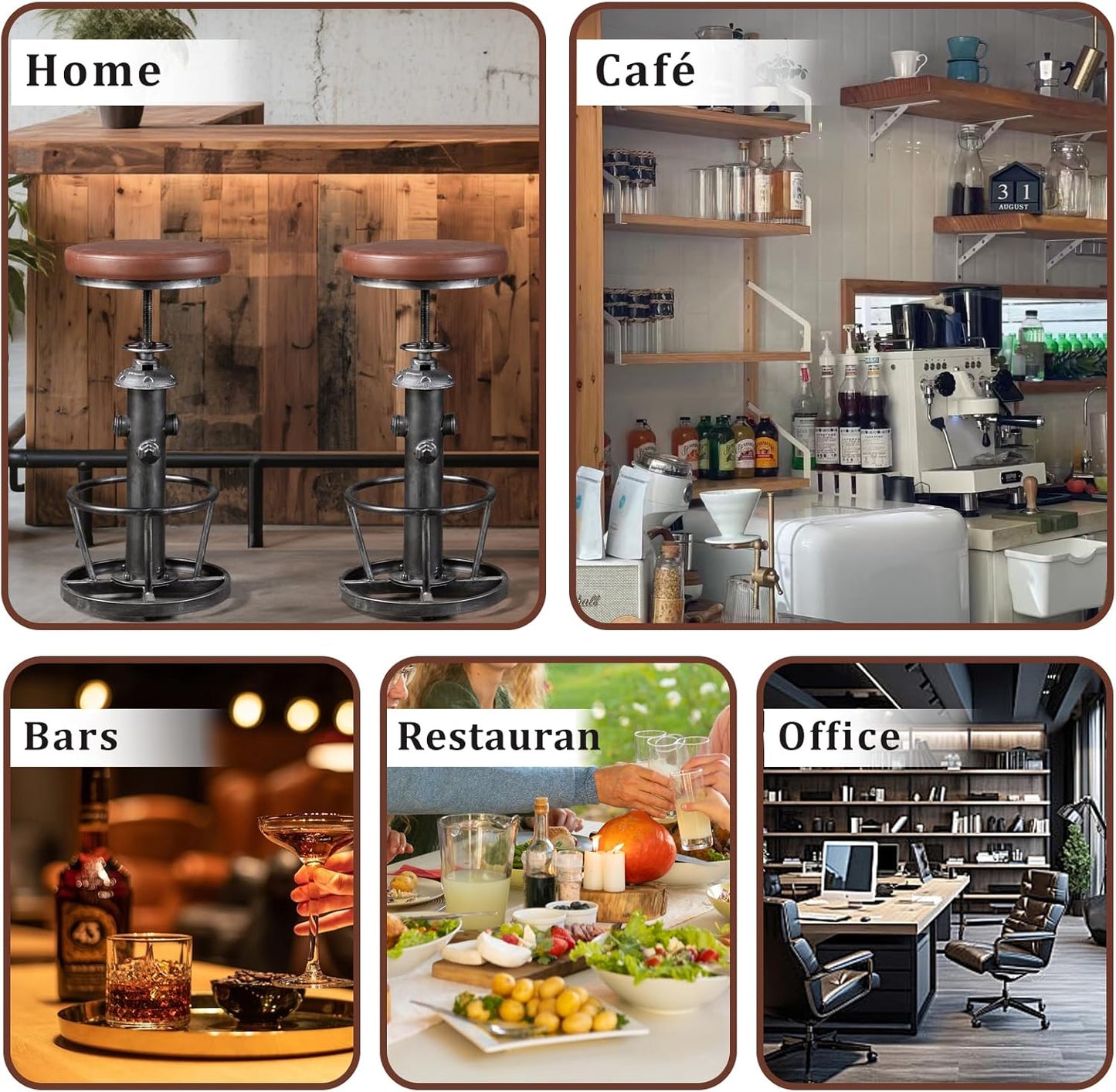 Topower Antique Industrial Round Bottom Adjustable Height Cafe Coffee Retro Vintage Stylish Water Pipe Design Pub Kitchen Bar Stool (Silver, PU Leather Top)