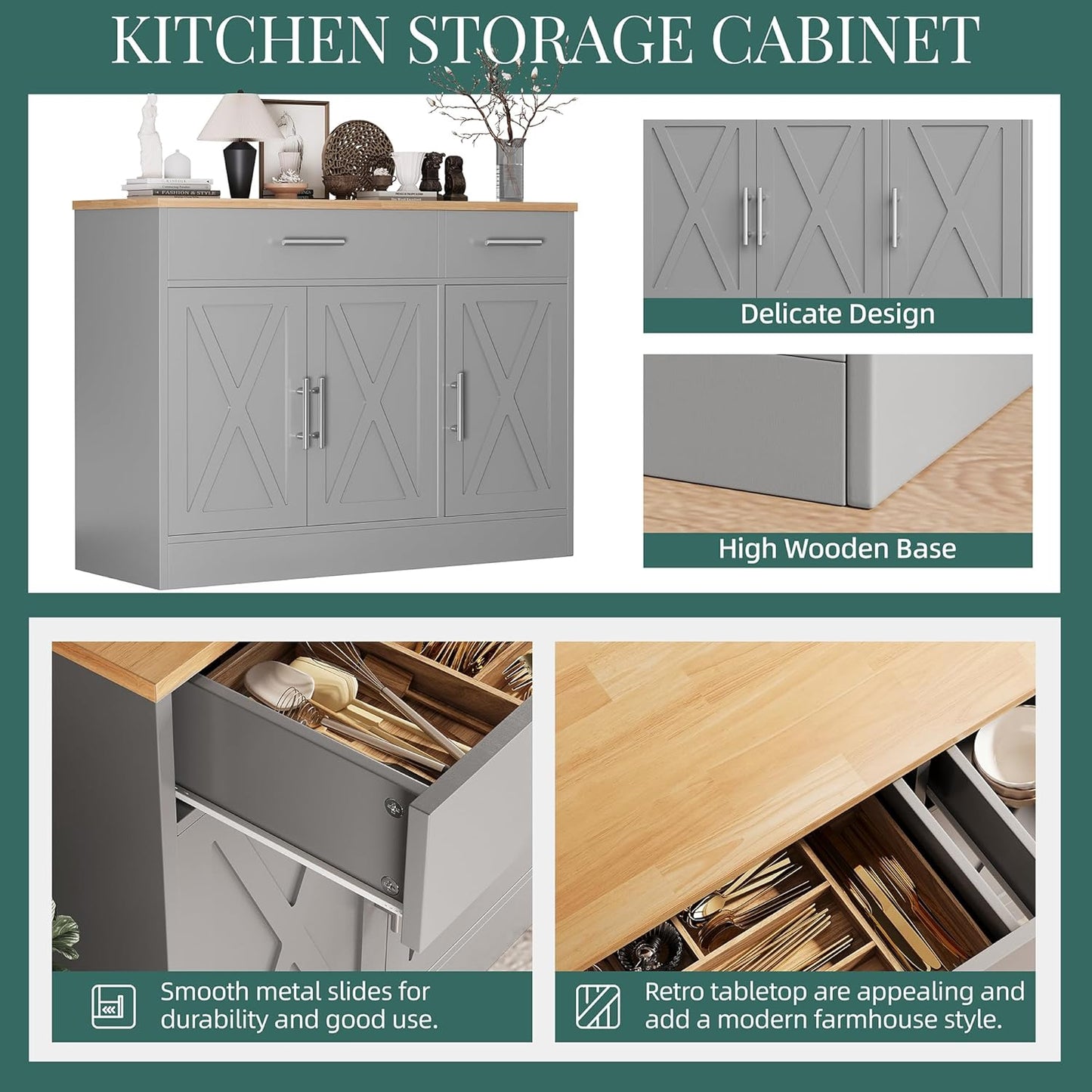 Shintenchi Modern Farmhouse Sideboard Buffet Cabinet with Storage with 3 Doors, 42"Barn Doors Buffet Cabinet with Storage, Wood Coffee Bar Cabinet with Adjustable Shelf for Kitchen, Living Room, Grey