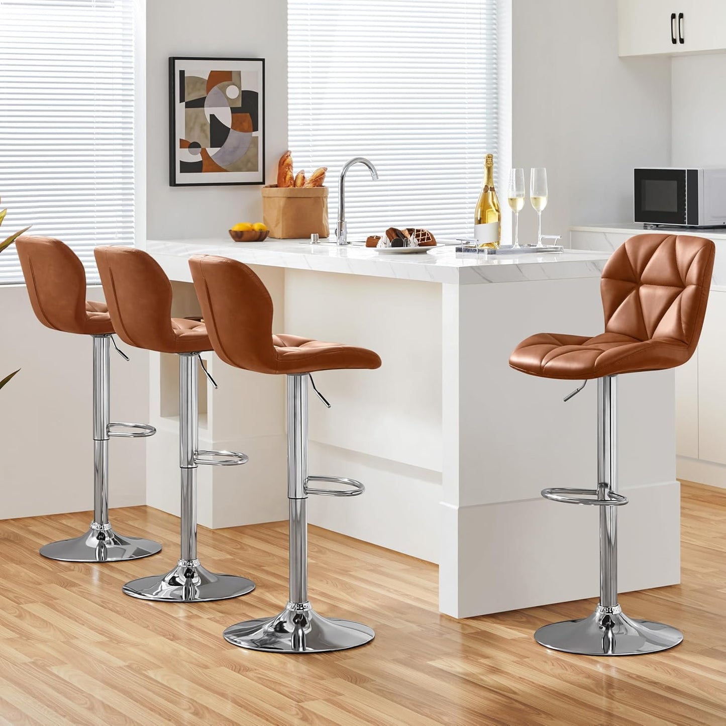 Yaheetech Bar Stools Set of 4, Adjustable PU Leather Swivel Barstools, Modern Counter Stools with Back and Footrest, Counter Height Barstools for Bar, Kitchen, Dining Room, Retro Brown