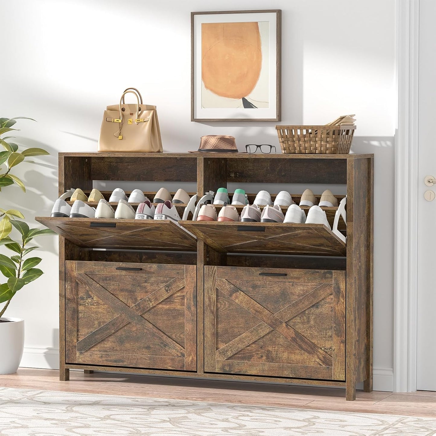 47" W Large Shoe Storage Cabinet with 4 Flip Drawers, Freestanding Hidden Shoe Cabinet Organizer with Adjustable Shelf, Narrow Shoe Cabinet for Entryway Hallway Living Room