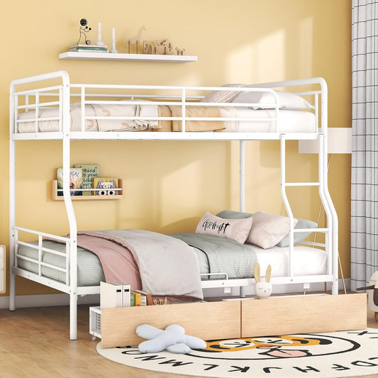 Full Over Queen Metal Bunk Bed with 2 Storage Drawers,Contemporary Iron-Crafted Bed Frame,w/Ladder & Full Length Gridded Guardrails,No Box Spring Needed,for Bedroom Guest Room,White