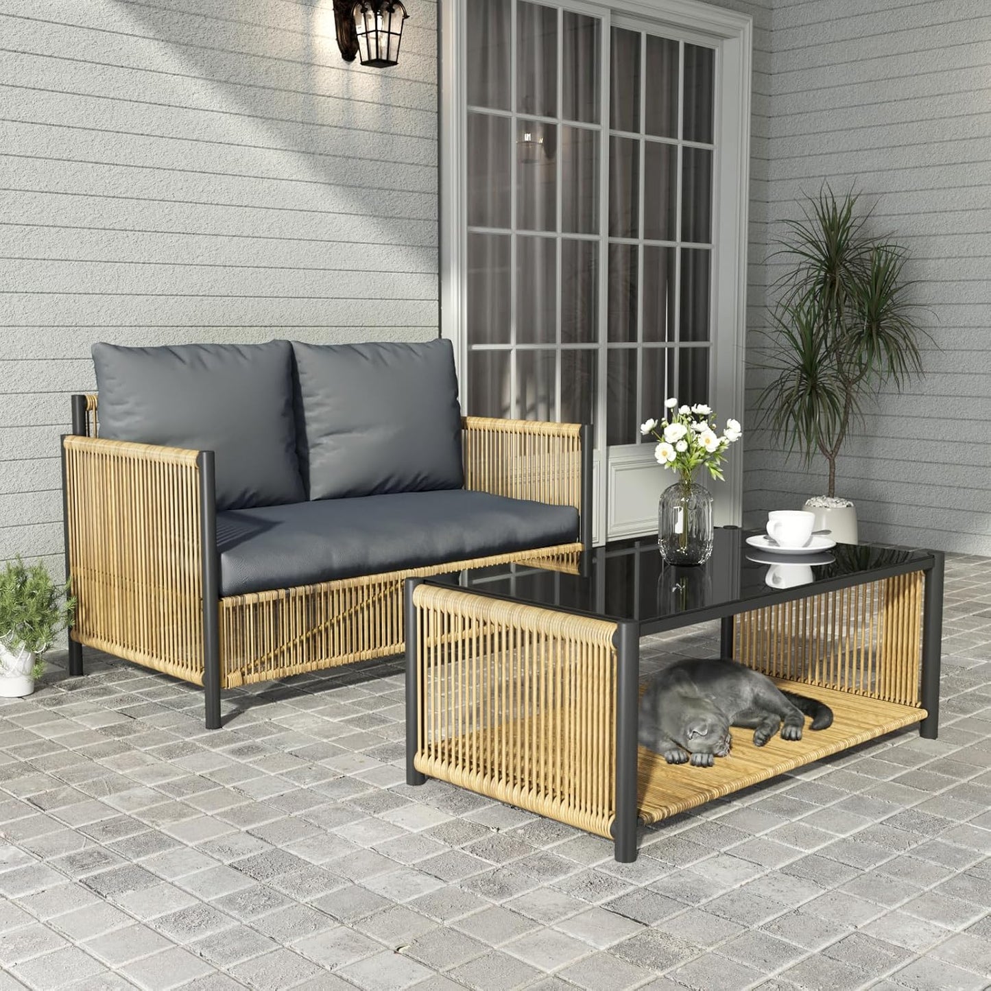 Outdoor Wicker 2 Seater Sofa Set with Cushion and Coffee Table,Loveseat Patio Conversation Set W/Metal Frame,Removable Cover & Rattan Design,Waterproof & Easy Assembly for Backyard,Patio,Gray