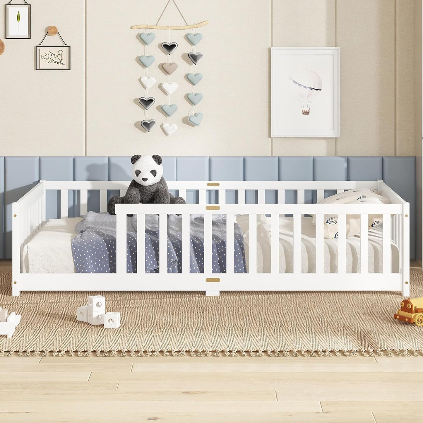 Bellemave Twin Floor Bed with Slats and Safety Guardrails, Kids Montessori Floor Beds with Fence and Without Door, Easy Assemble Floor Bed for Kids, Girls, Boys, White