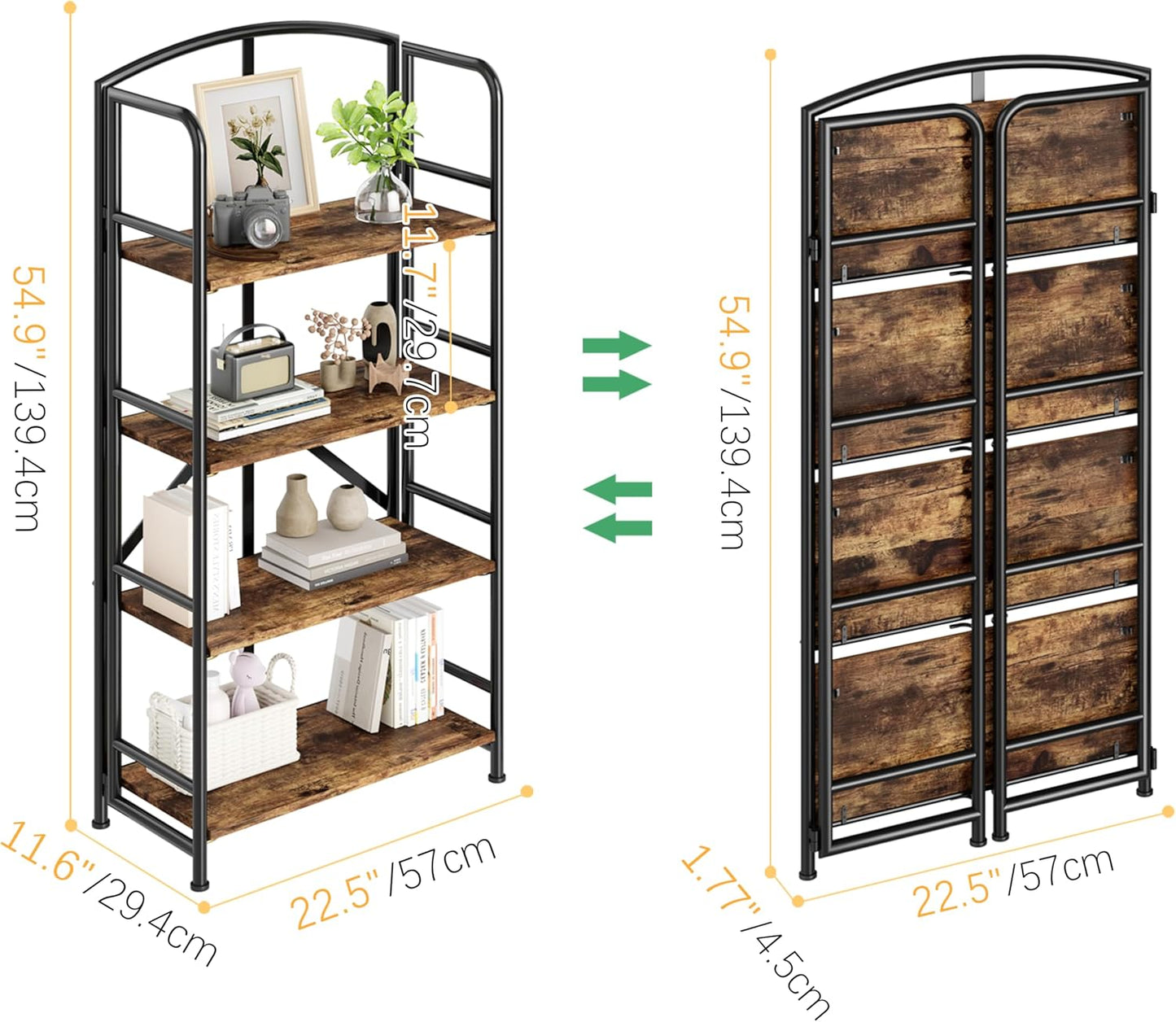 No-Assembly Folding Bookshelf Storage Shelves 4 Tiers Vintage Multifunctional Plant Stand Storage Rack Shelves Bookcase for Home Office