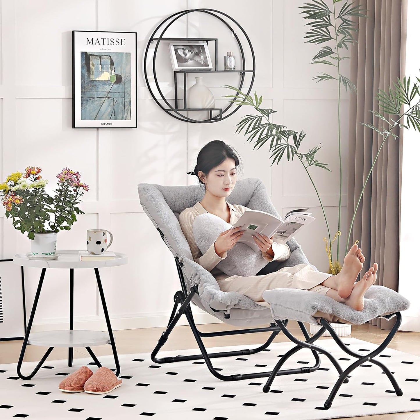 Comfy Saucer Chair with Ottoman, Oversized Folding Faux Fur Chair Soft Furry Lounge Lazy Chair with Metal Frame Moon Chair Accent Chair for Bedroom, Living Room, Dorm Rooms, Grey
