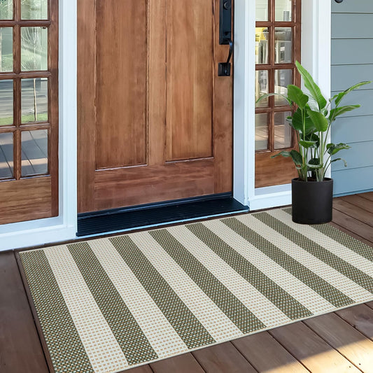 OJIA Striped Rug 24"x51" Washable Fall Front Door Mat Halloween Doormat Woven Entry Rug Cotton Indoor Outdoor Rug Small Checkered Rugs for Porch Kitchen Entryway Patio Bathroom (Green/White/Tan)