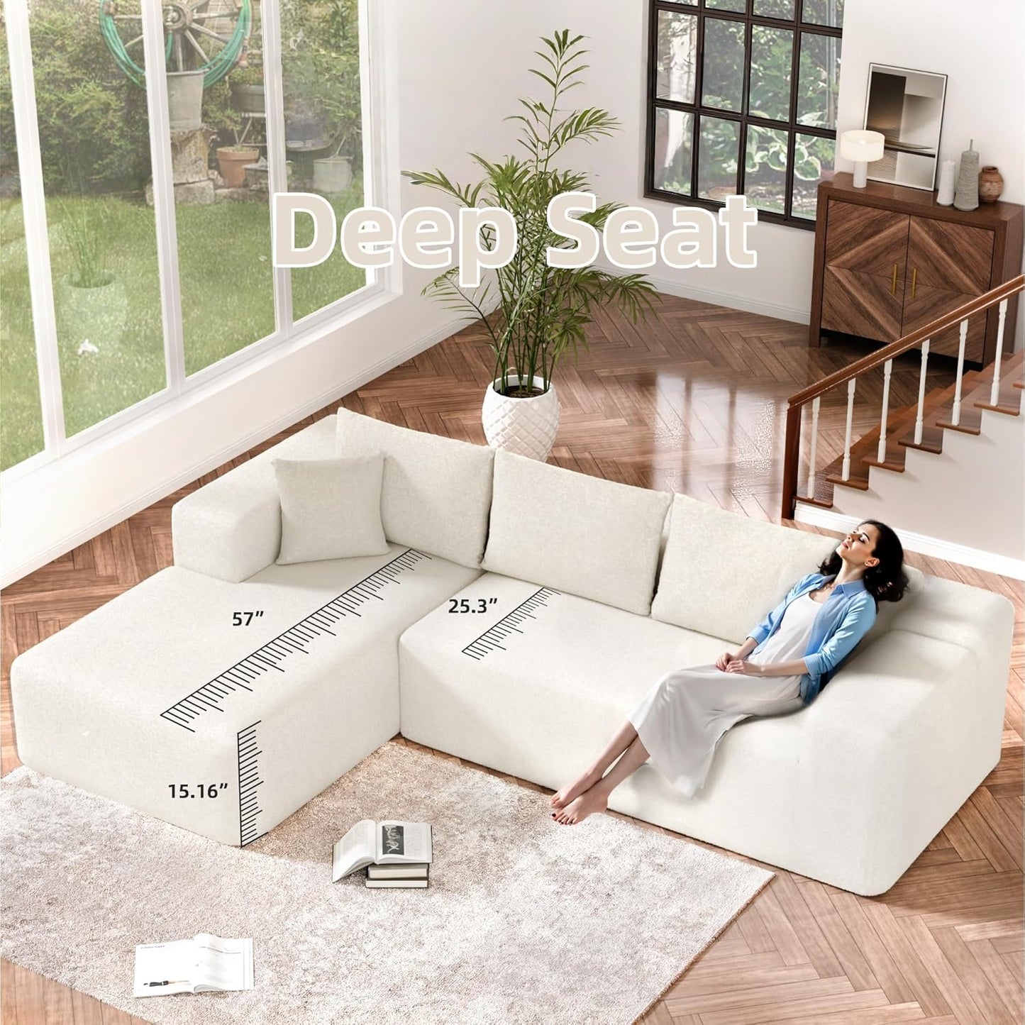 Cloud Sectional Couch, 104”L-Shape Oversized Sofa with Right Chaise Lounge, Modular Sleeper Couch with Pillows & Deep Seat, Rain Drop Velvet Fabric Compressed Sofa for Living Room, Beige