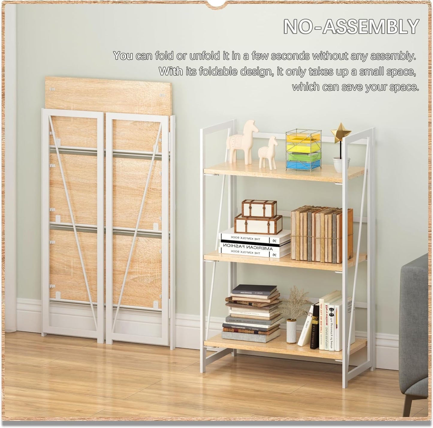 4NM No Assembly 3 Tiers Book Shelves, White Folding Bookshelf Bookcase Open Industrial Foldable Shelves for Bedroom, Living Room, Home Office - Natural White