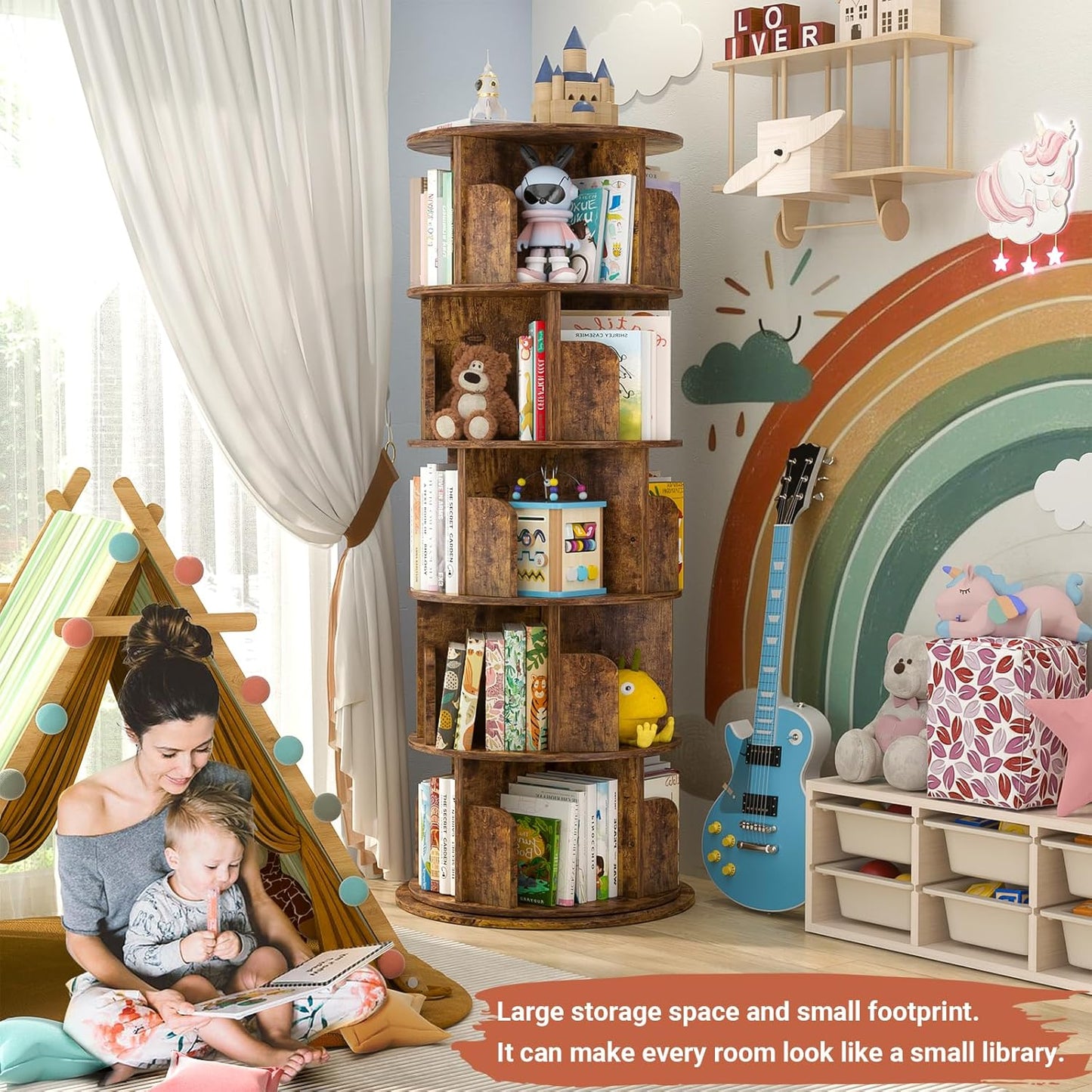 Rotating Bookshelf Tower, 5 Tier Spinning Bookcase, Revolving 360 Book Shelf Narrow Tall Bookcase, Vertical Turning Round Bookshelf Organizer, Corner Book Shelf for Small Space, Rustic Brown