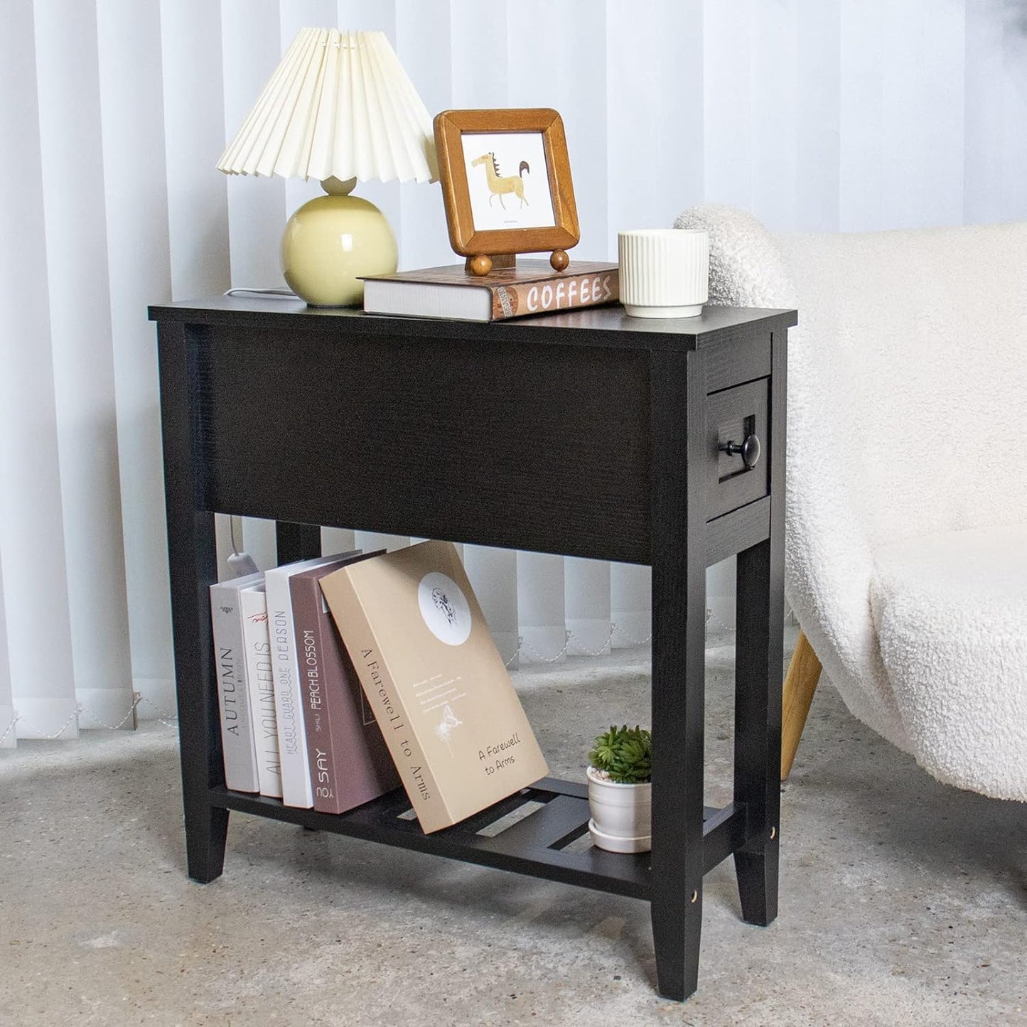 Narrow End Table, Black Side Table with Drawer, Slim Bed Side Table for Small Space/Night Stand Set of 1, Side Table for Couch