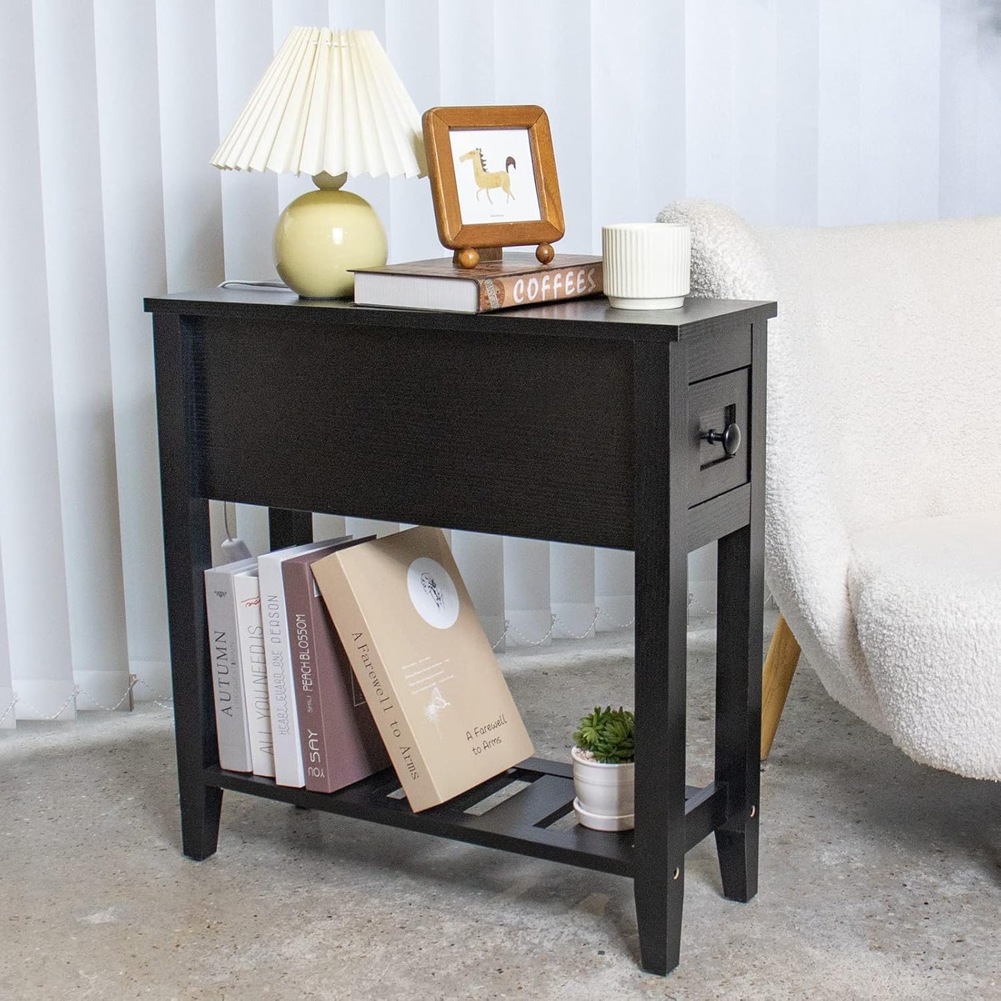 Narrow End Table, Black Couch Table with Drawer, Slim Bed Side Table for Small Space/Night Stand Set of 2, Side Table for Couch