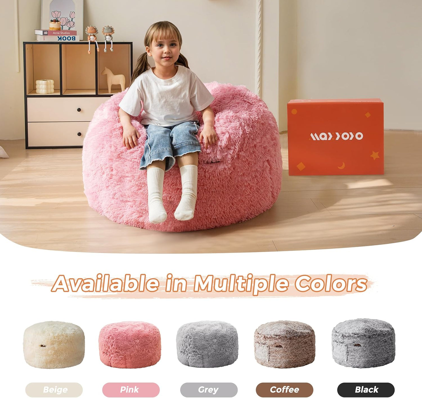MAXYOYO Kids Bean Bag Chair, Stuffed Faux Fur Bean Bag for Toddler, Ultra Soft Floor Sofa with High-Density Foam Filling, Lazy Chair for Living Room, Playroom, Nursery Room