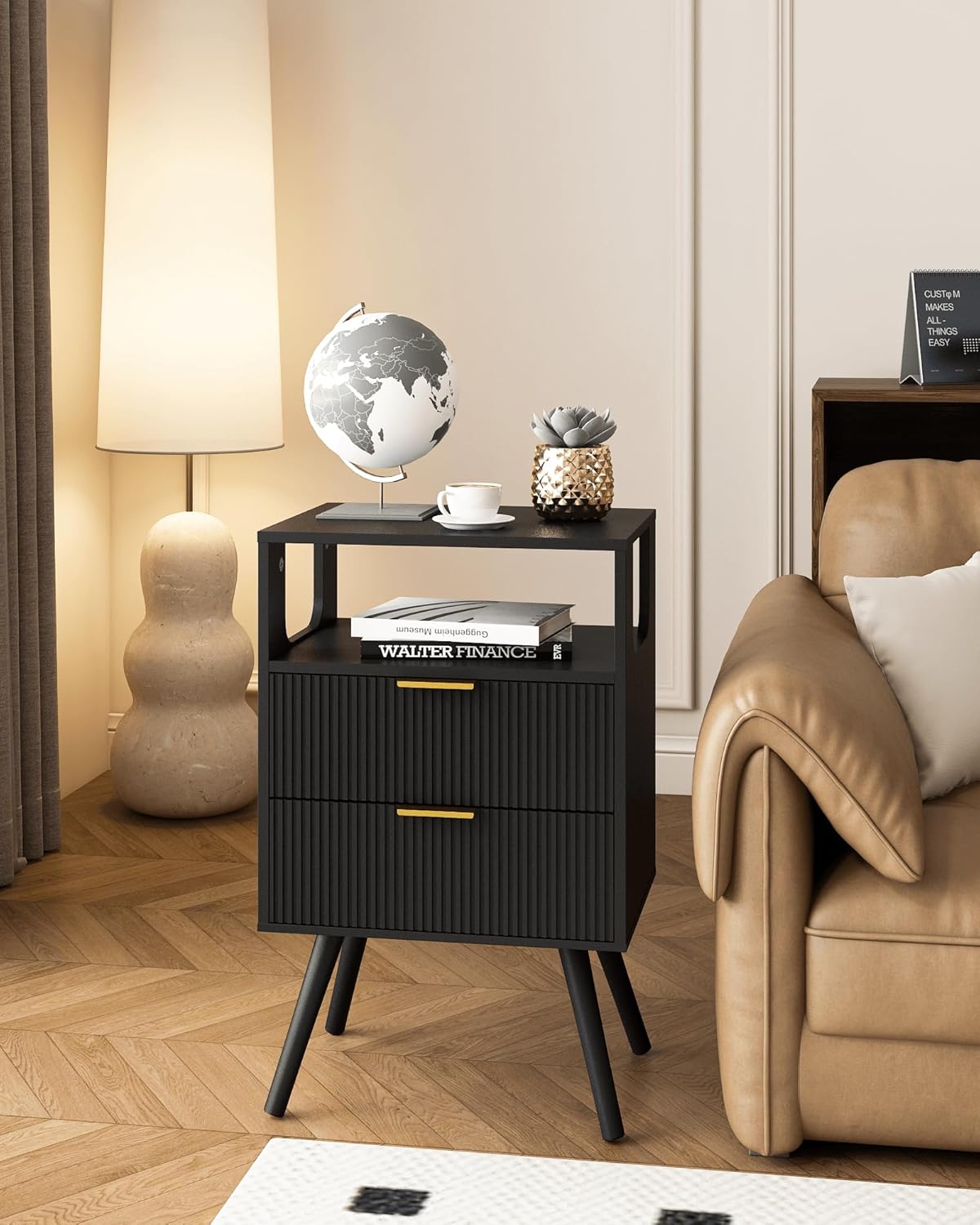 Black Nightstand,Modern Bedside Table with 2 Storage Drawer and Open Wood Shelf, for Bedroom and Small Spaces,Night Stand with Solid Wood Legs