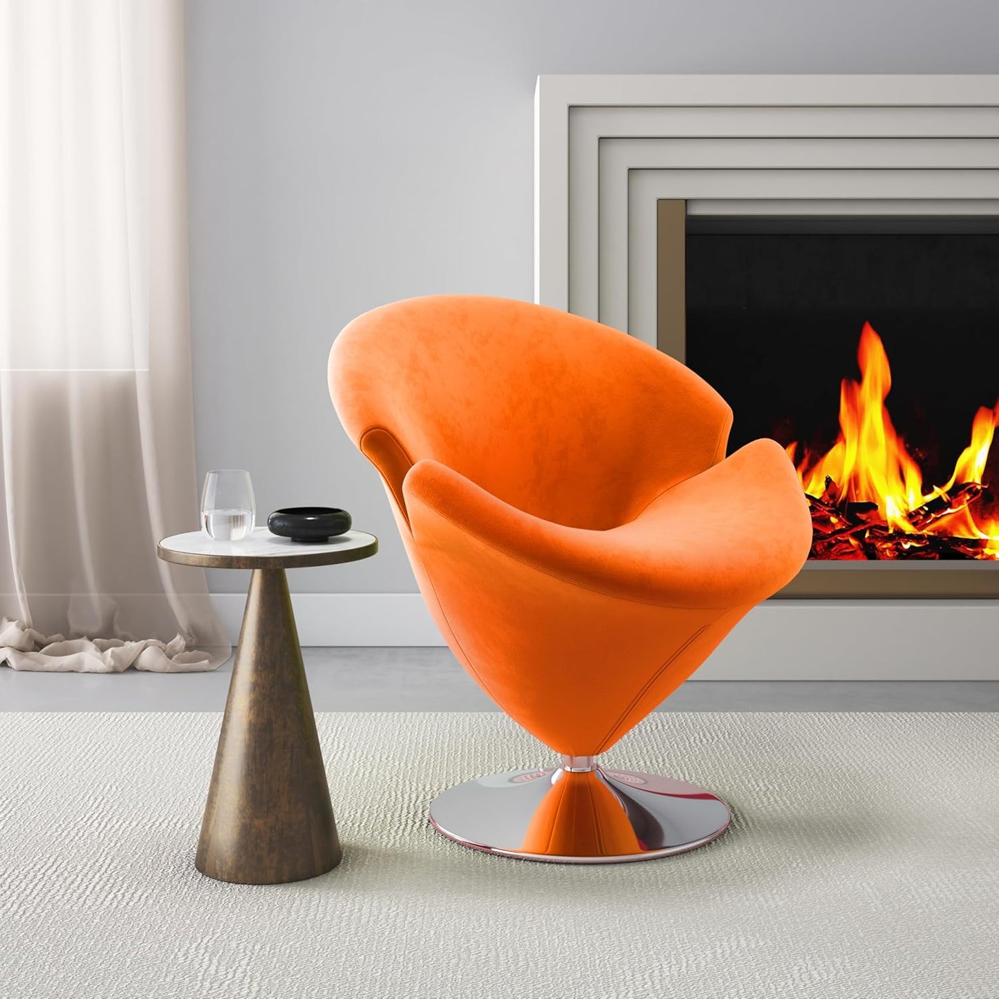 Manhattan Comfort Tulip Swivel Accent Chair Set of 2 with 360° Turn, Modern Flower Inspired Design, Soft Velvet Upholstery, Polished Chrome Base, No Assembly Required, 300 Lbs Capacity, Orange