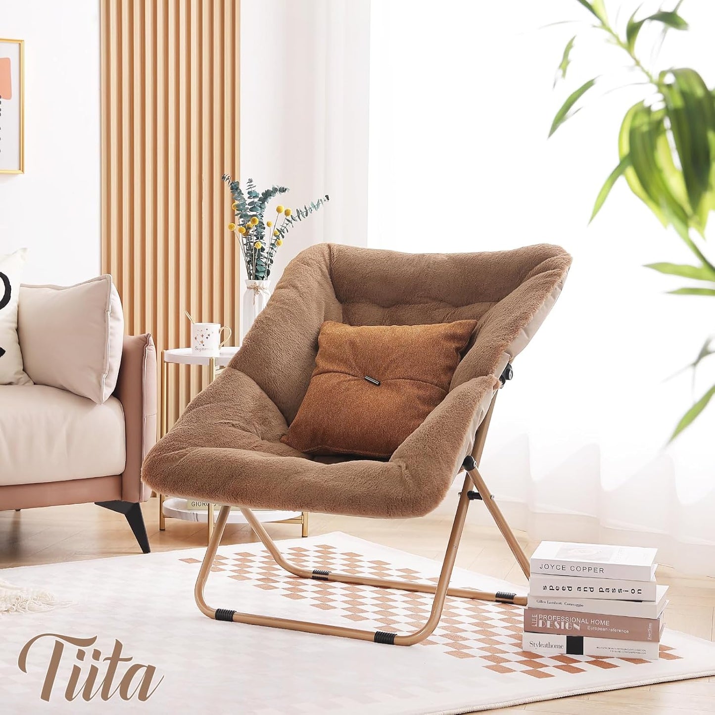 Tiita Comfy Folded Chair, Soft Faux Fur Oversized Folding Accent Chair, Lounge Lazy Chair for Kids Teens Adults, Metal Frame Moon Chair for Bedroom, Living Room, Dorm Rooms