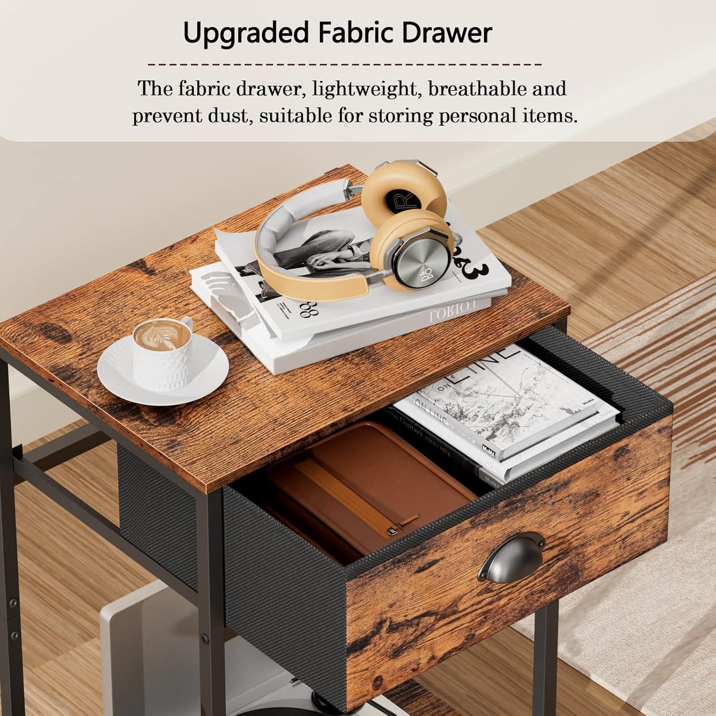 Furologee End Table with Storage Shelf and Fabric Drawer, 2 Tiers Industrial Nightstand, Bedside Table Organizer for Living Room Bedroom, Rustic Brown, Easy Assembly