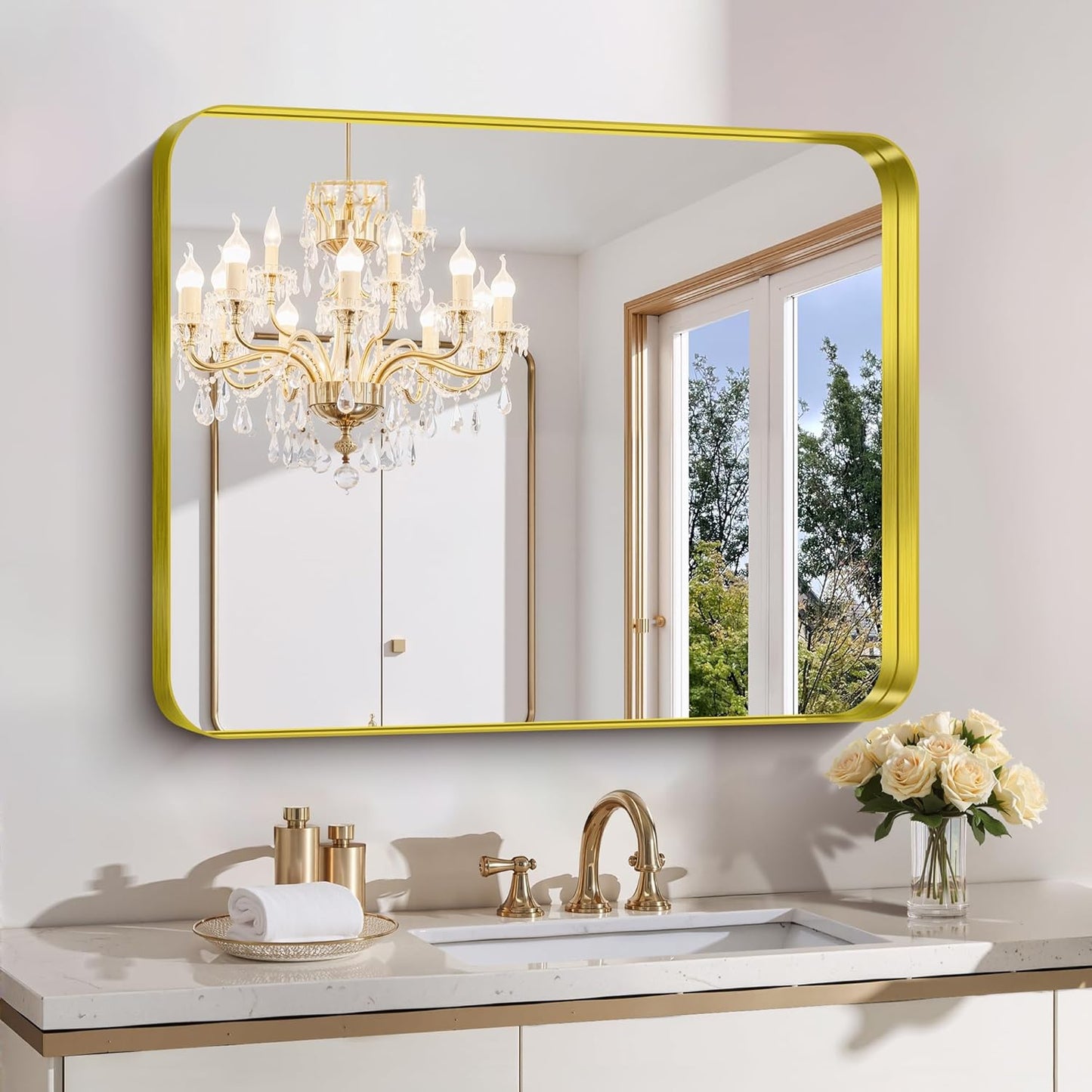 FORBATH 30x36 Inch Bathroom Mirror, Brushed Gold Deep Frame Wall Mirror with Rounded Corners, Anti-Rust Tempered Glass for Modern Farmhouse Vanity (Horizontal/Vertical Hanging)