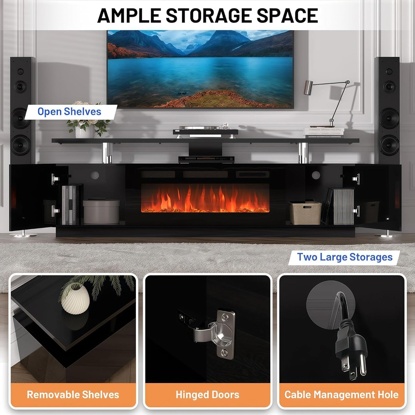 70" Fireplace TV Stand for TVs Up to 80", Entertainment Center with 36inch Fireplace, 12 Flame & LED Colors, 2-Tier TV Console & Storage Cabinet