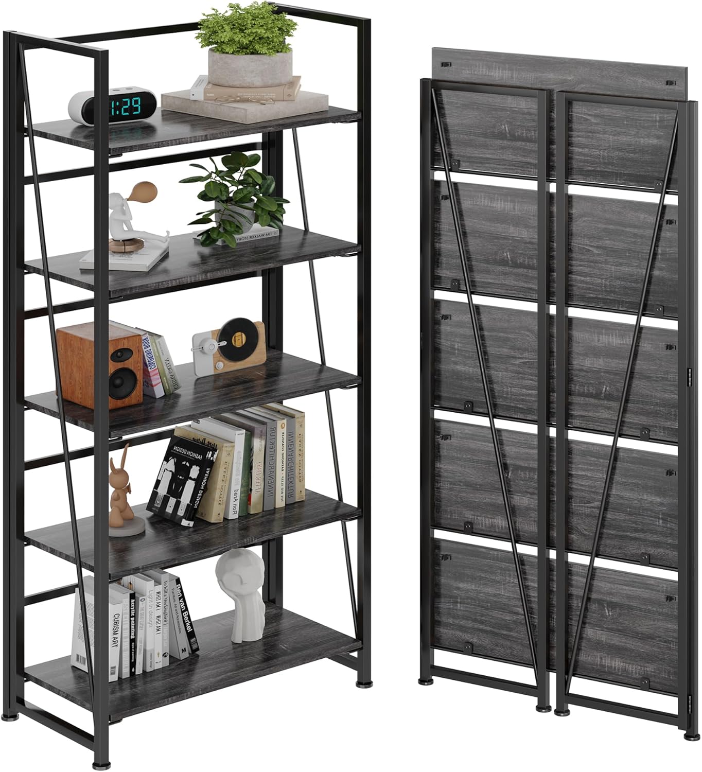 BHG Vintage Multifunctional Folding Bookshelf, No-Assembly Plant Stand Storage Rack Shelves for Home Office (Gray, 5-Tier)