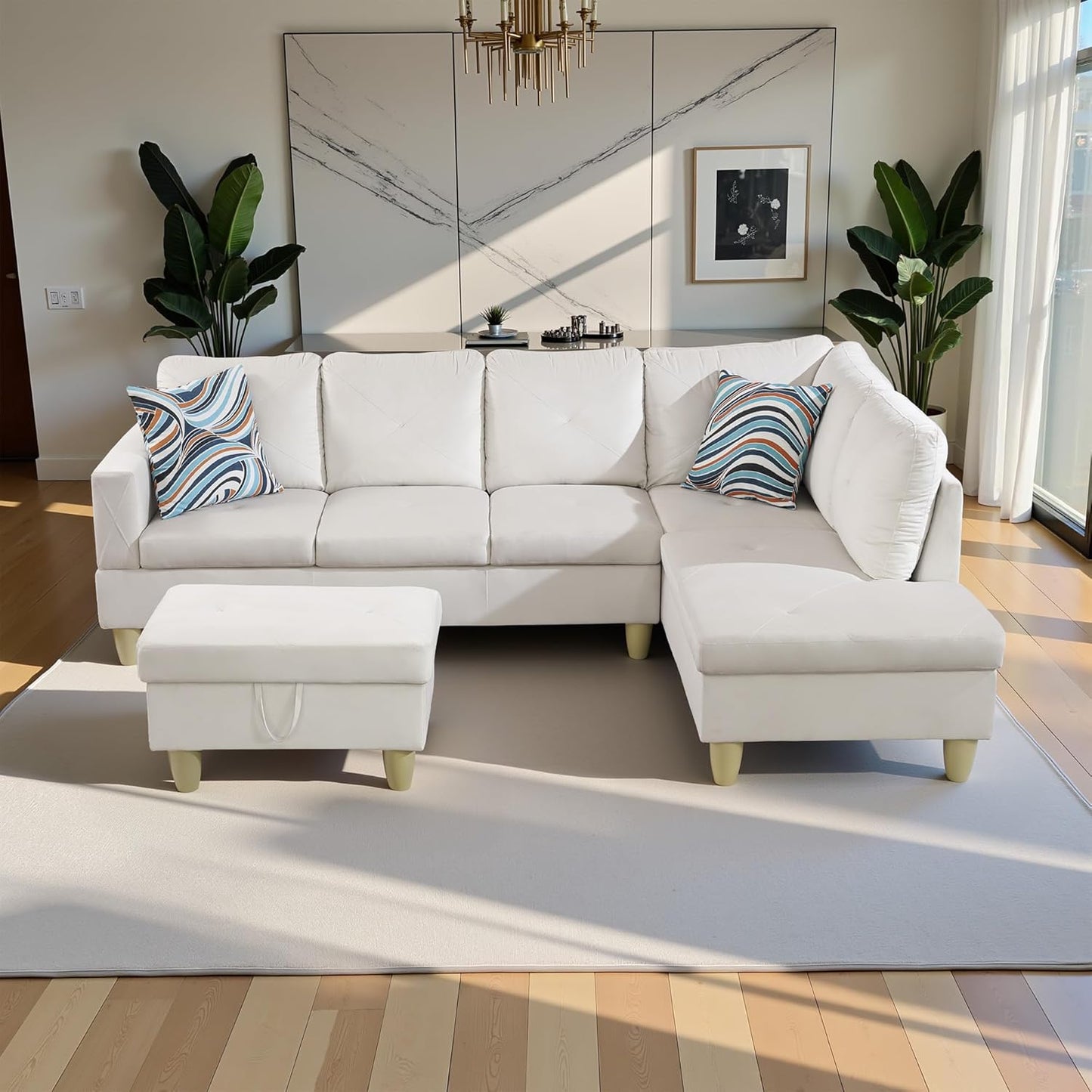 97" Oversized Sectional Couch, L Shaped Couch with Storage Ottoman, Modern Modular Sofa with Deep Seat, Sectional Couches for Living Room and Office, White (Flannel)