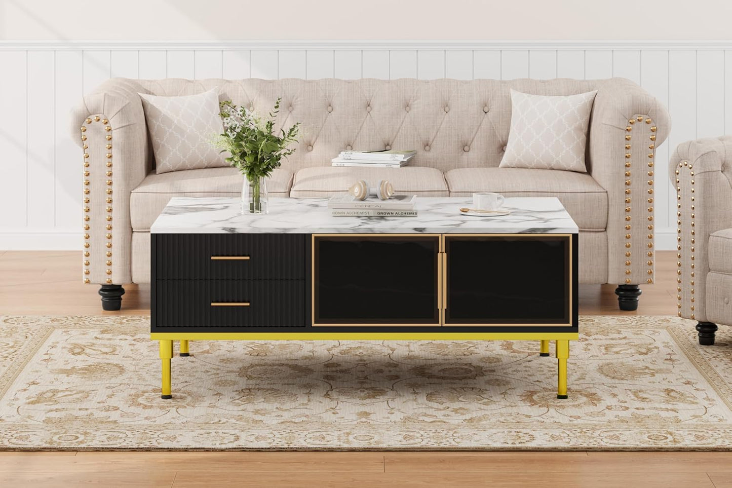 GAOMON Coffee Table for Living Room, Faux Marble Coffee Table with 4 Drawers and Glass Doors Storage, Modern Aesthetic Fluted Panel Design,Black & Gold