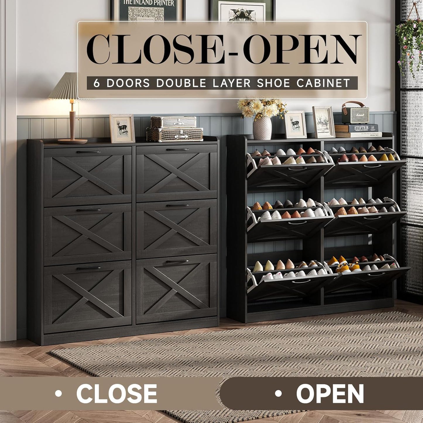 Maupvit Large Shoe Storage Cabinet with 6 Flip Drawers, Freestanding Shoe Organizer with Metal Handles for Entryway, Narrow Shoe Rack Cabinet, Black