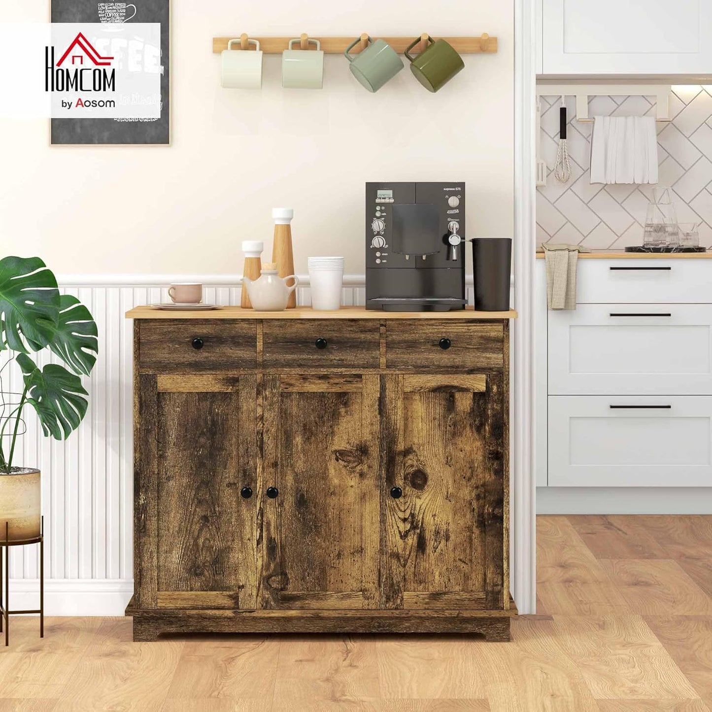 HOMCOM Sideboard with Solid Wood Countertop, Modern Kitchen Storage Cabinet, Coffee Bar Cabinet with 3 Drawers, Doors and Adjustable Shelf, Rustic Brown