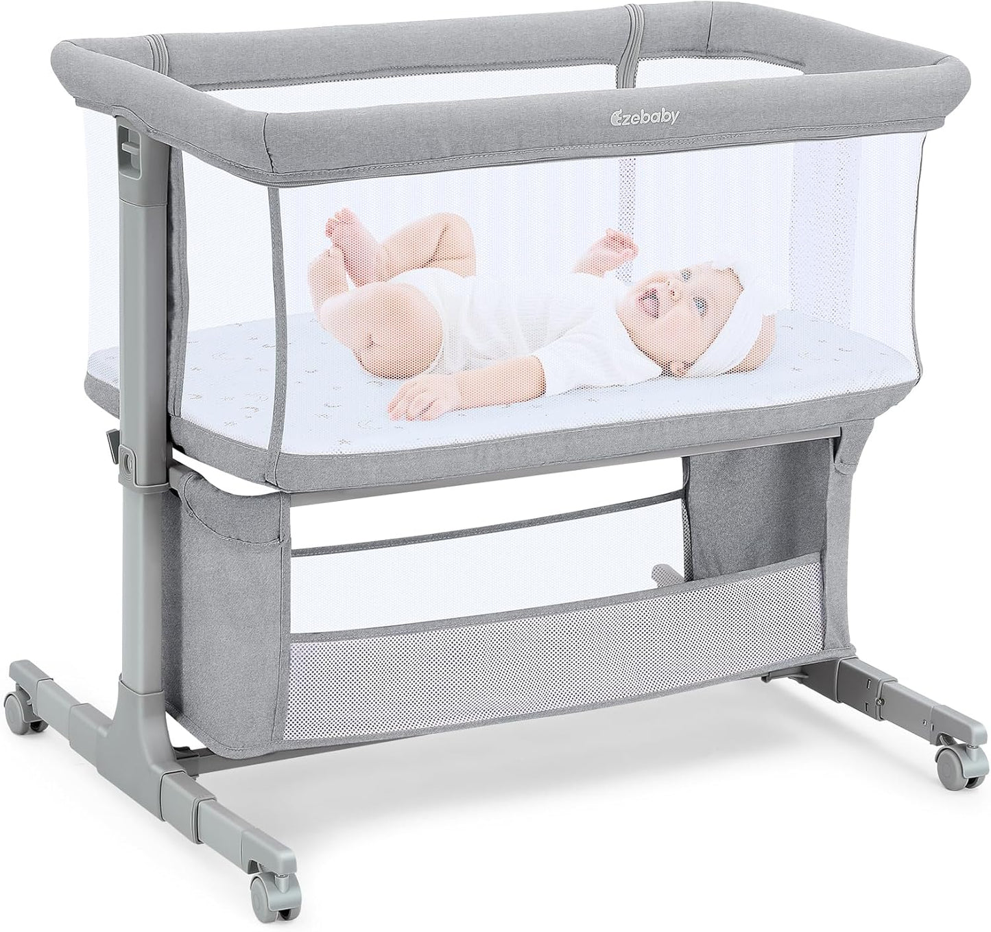 Ezebaby Bedside Bassinet for Baby, Portable Baby Bassinet Bedside Sleeper for Newborn Infants with Wheels Storage Basket, Adjustable 7 Heights and All Mesh Sides