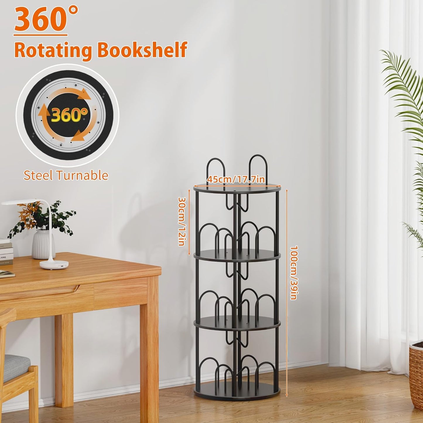 3 Tier Rotating Bookshelf, 360° Spinning Bookshelf Tower, Round Narrow Space Saving for Books and Display, Revolving Bookcase Corner Tall Book Shelf for Small Spaces, Bedroom, Living Room, Black+Black