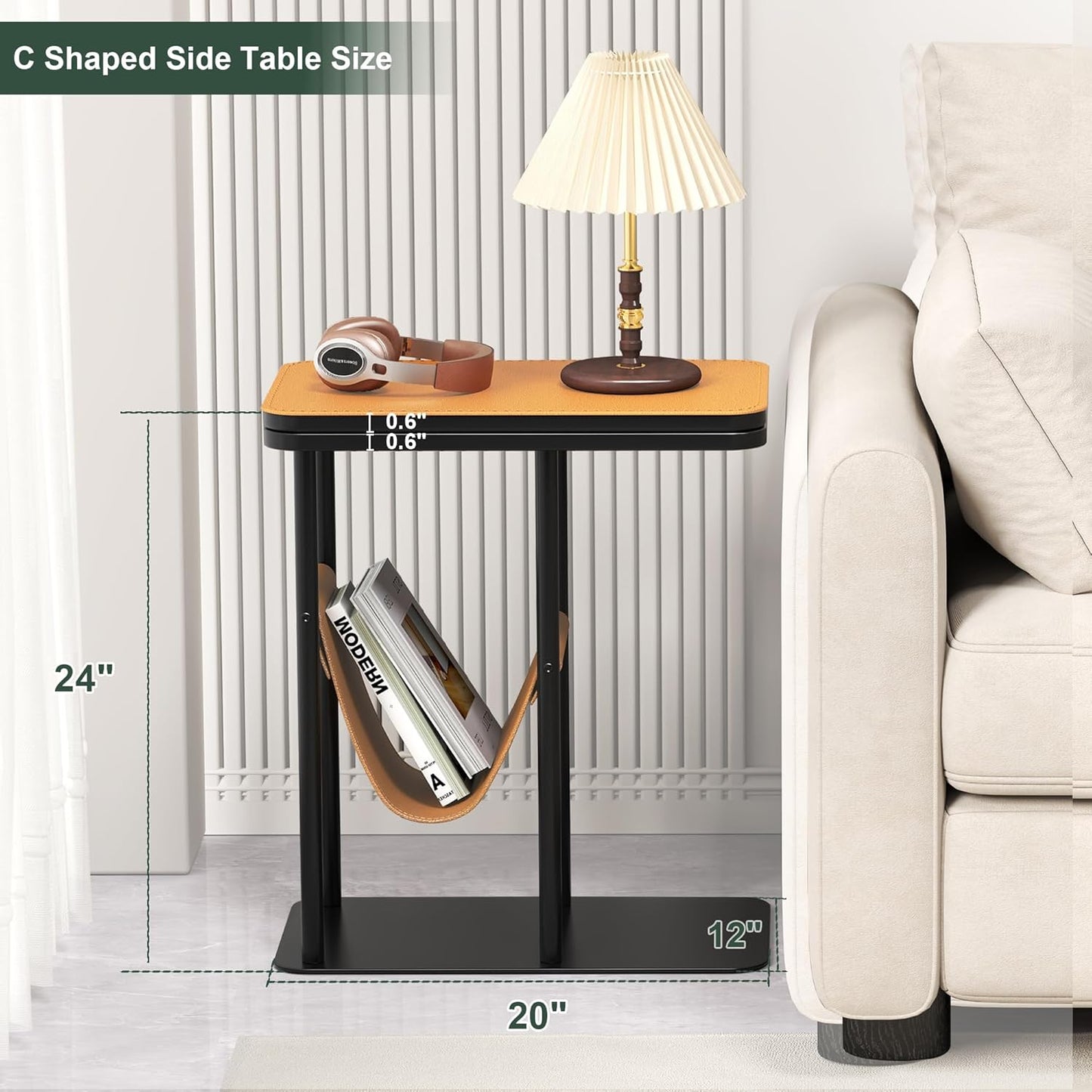 C Table End Table, Metal Base C Shaped Side Table, Double Tabletop Laptop Stand TV Table for Sofa and Bed, Couch Tables That Slide Under, Coffee Table for Bedroom Living Room Small Spaces (Walnut-1)