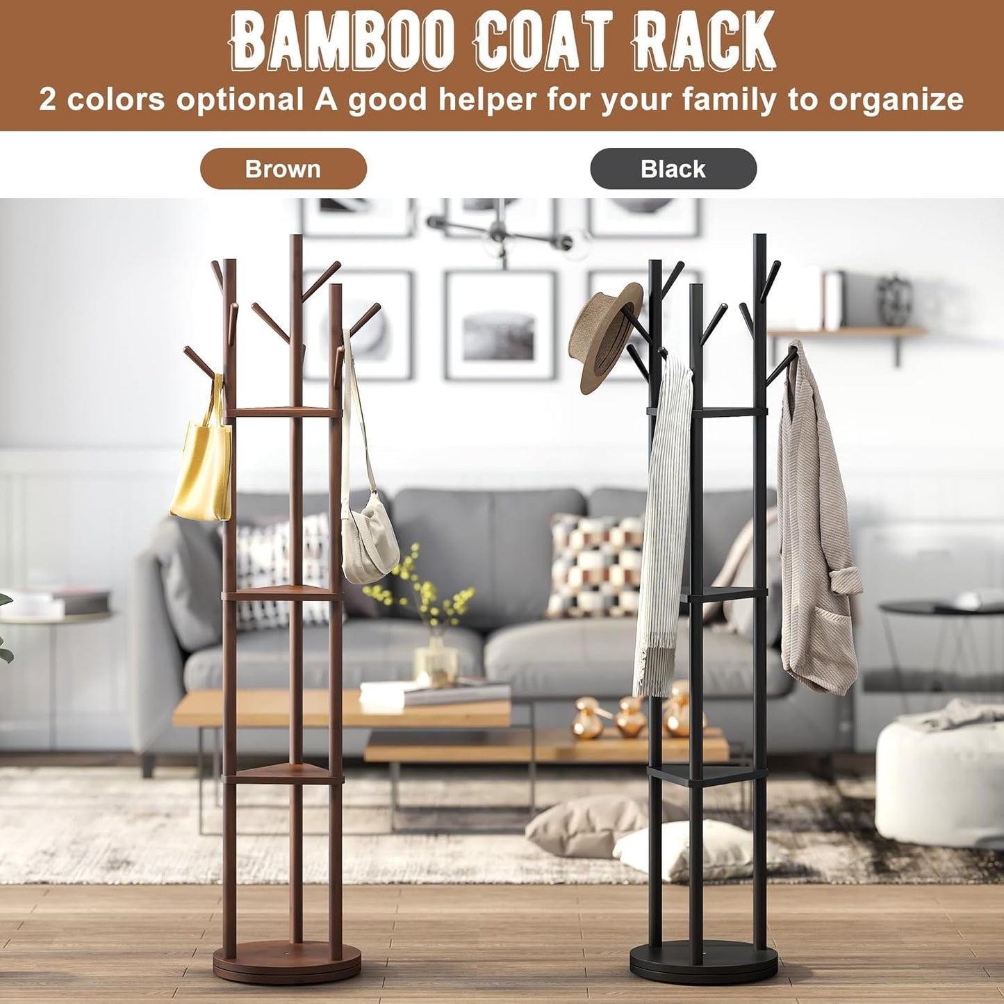 FILWH Bamboo Coat Rack Rotary Freestanding with Shelf Tree Stand for Hallway Entryway Hanger Stand with 9 Hooks 3 Shelves (Brown)