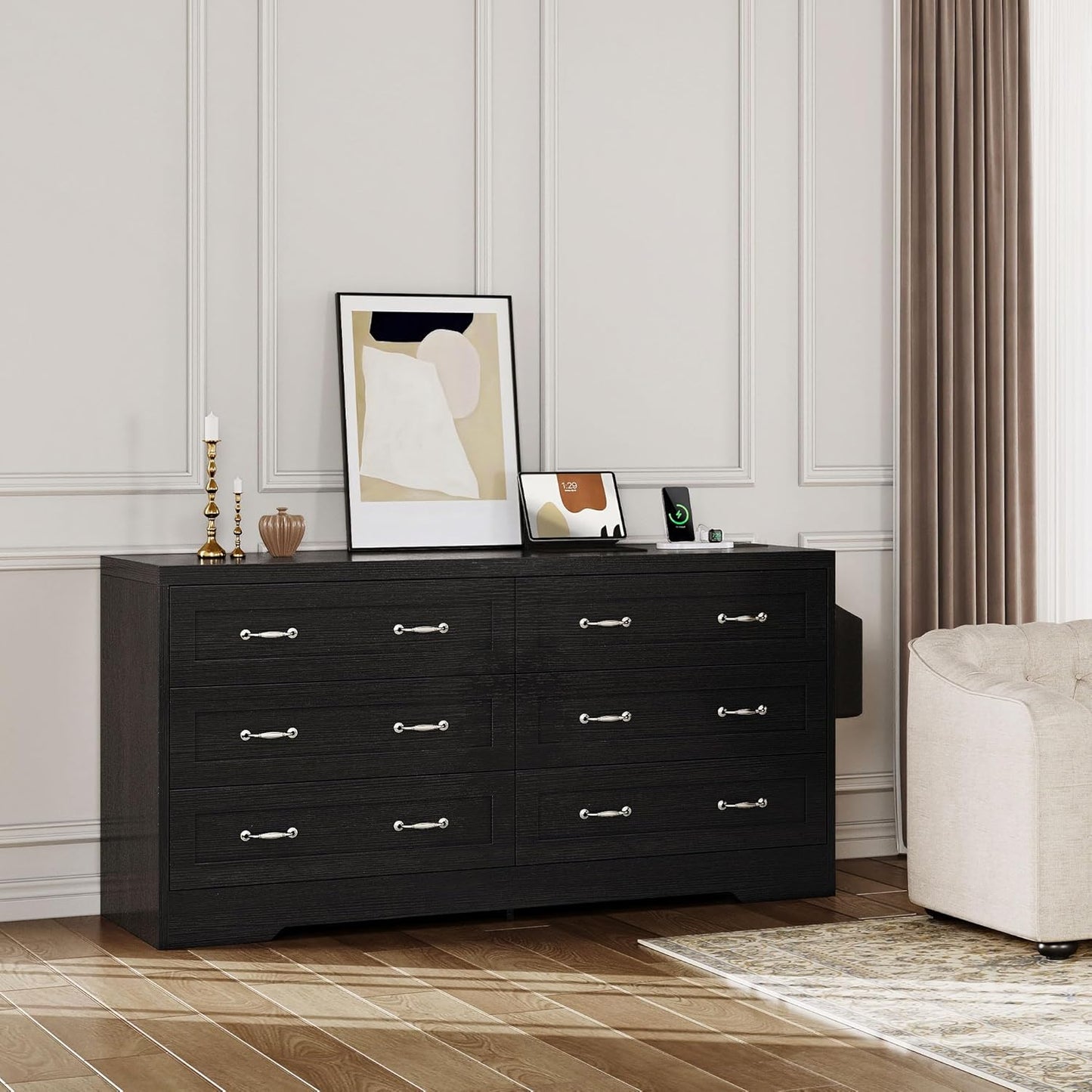 YITAHOME Drawers TV Stand for 65 inches with Power Outlets -Chest of Drawers Dresser with Side Organizer Bag Entertainment Center TV Console, Black