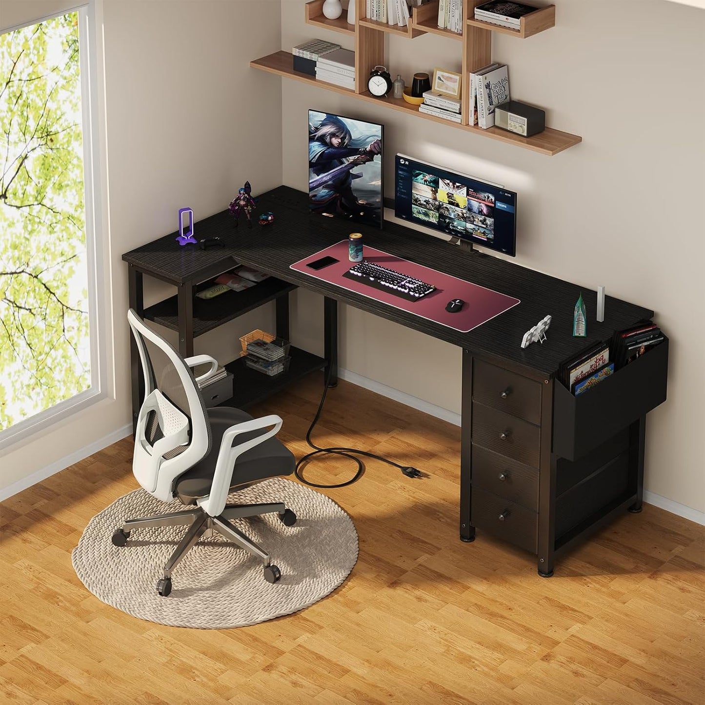 Lufeiya L Shaped Gaming Desk with Drawers & Storage Shelves, 55 Inch Corner Computer Desk with Power Outlet for Home Office Bedroom, L-Shaped Teen PC Desks with Fabric Drawer, Black