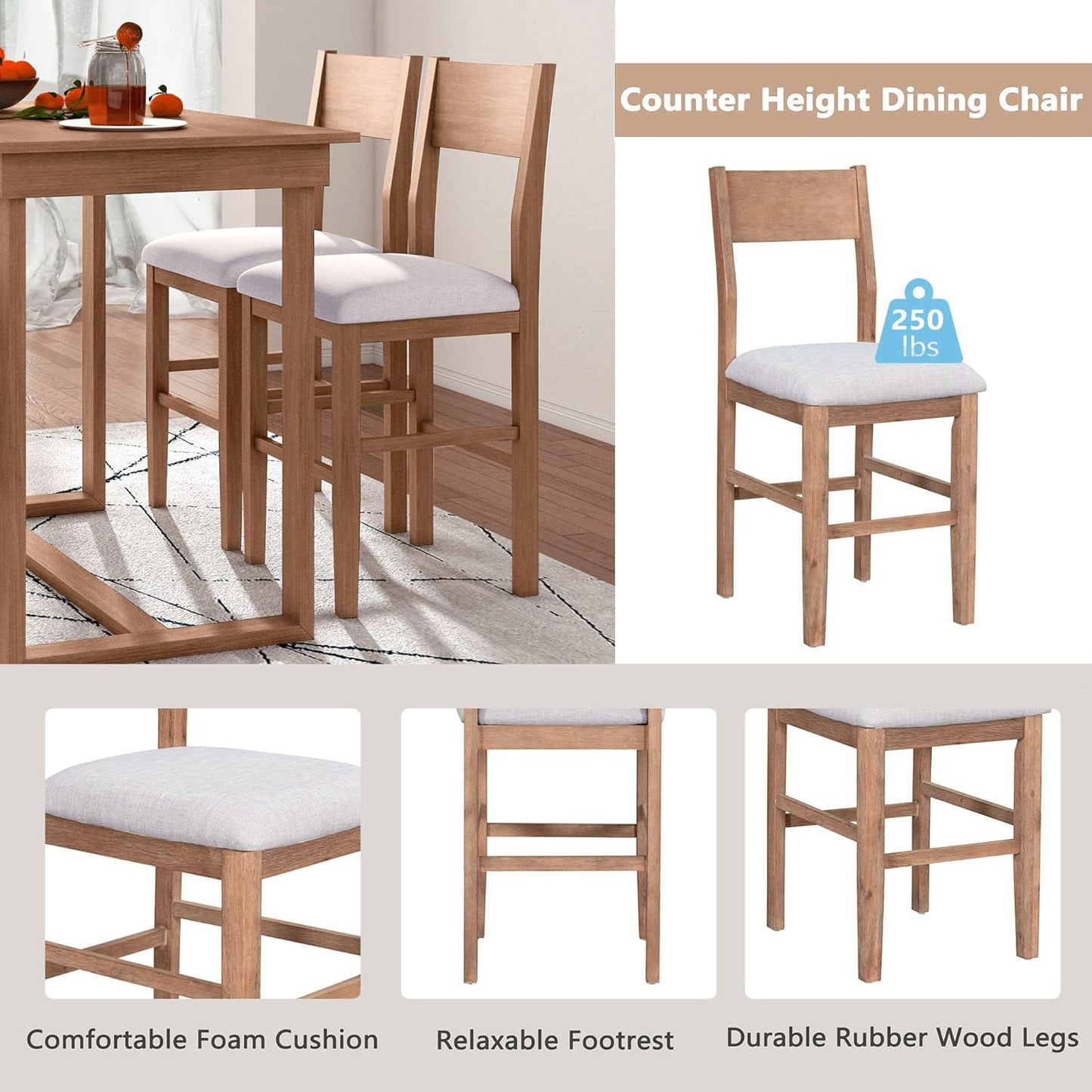 Merax Farmhouse Counter Height 5-Piece Dining Set with 1 Rectangular Table and 4 Upholstered Chairs for Small Places, Family Kitchen Furniture, Brown