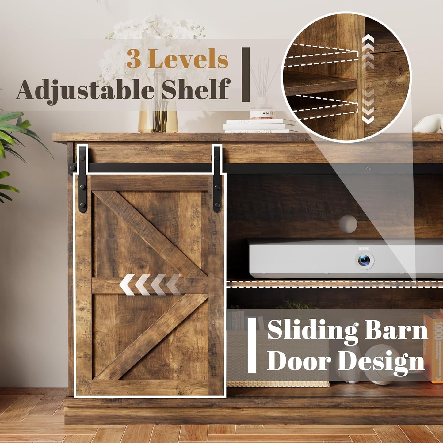 YESHOMY TV Stand for Televisions up to 65 Inchs, with Sliding Barn Doors and 4 Storage Drawers, Console Table and Media Furniture for Living Room, 58 Inch, Barnwood