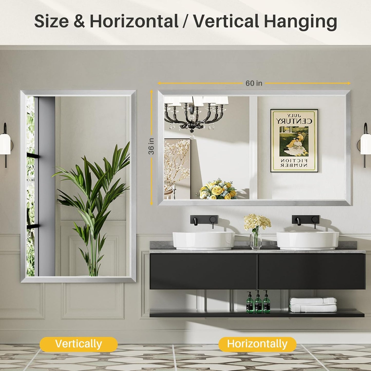 60x36 Inch Silver Bathroom Mirror for Wall, Thick Metal Framed Rectangle Mirrors for Over Sink, Bedroom, Living Room, Entryway, Anti-Rust, HD Tempered Glass