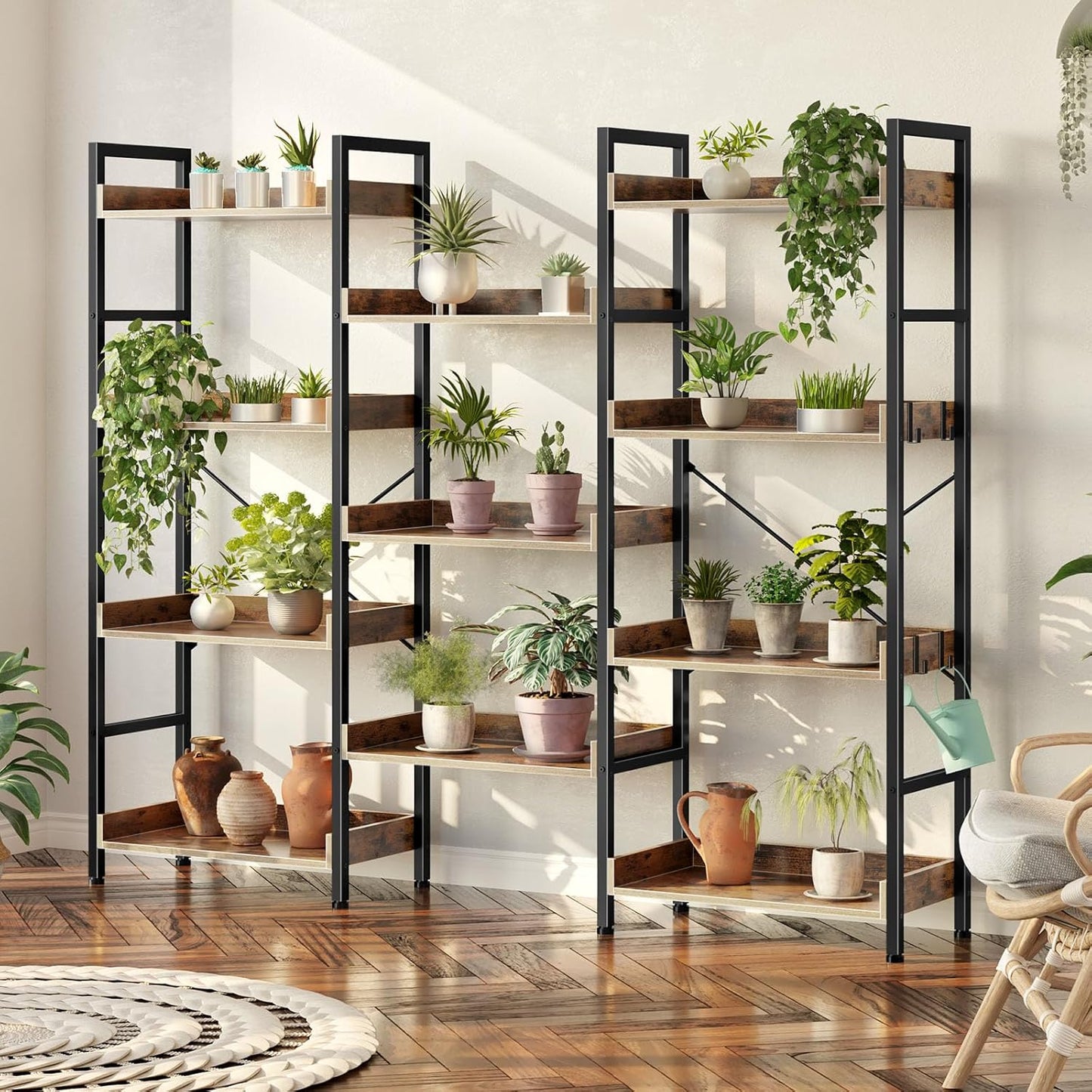Rolanstar Bookshelf 4 Tiers with 4 Hooks, Triple Bookcase with Open Display Shelves, Industrial Wide Bookshelf with Metal Frame for Living Room, Office, Rustic Brown