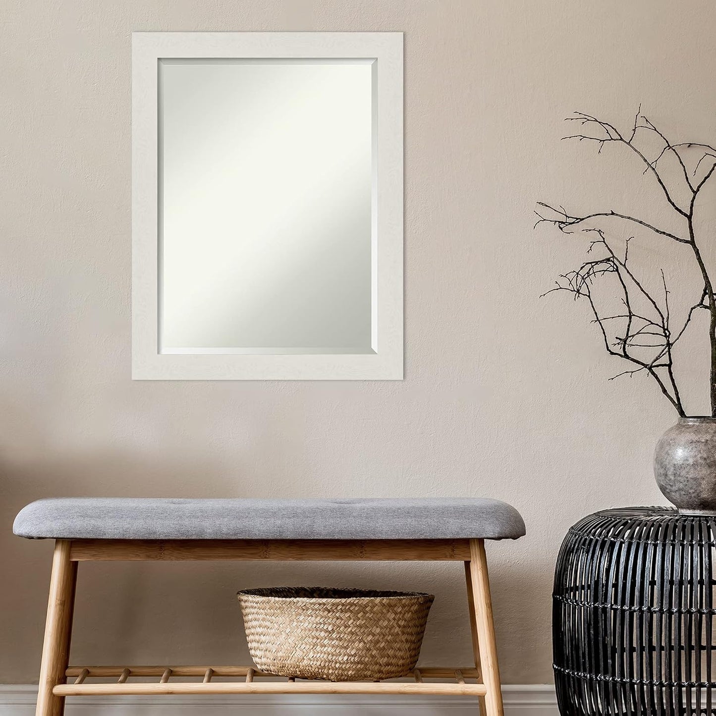 Amanti Art White Bathroom Mirror for Over Sink, 28x22 Rustic Plank White Narrow Rectangle Vanity Mirror, Medium Rustic Farmhouse Frame, Hangs Horizonally and Vertically, Bathroom Wall Decor, Beveled