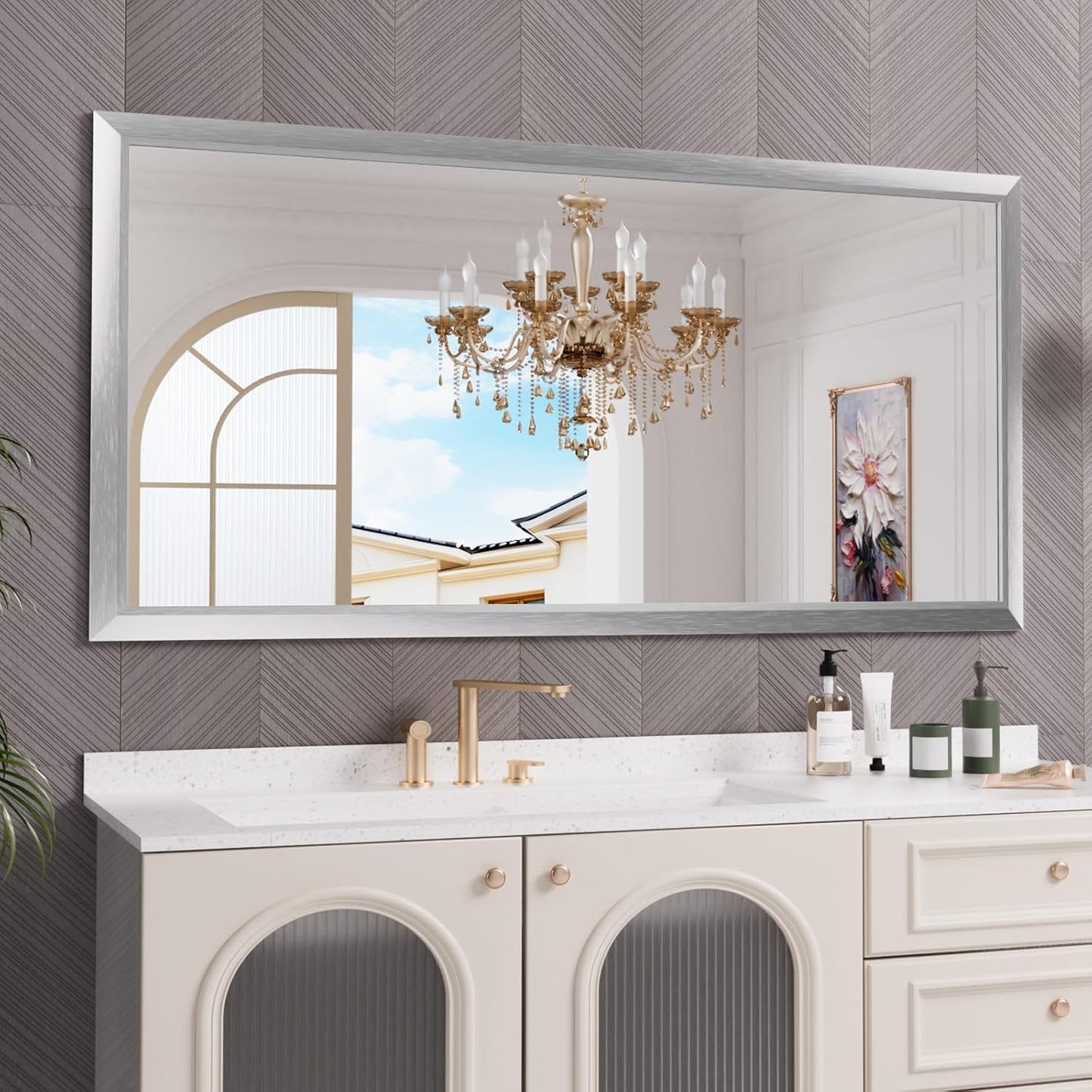 Amorho 72 X36 Inch Bathroom Mirror Silver, Thick Metal Framed Wall Mirrors for Over Sink, Brushed Nickel Mirror Perfect for Bedroom, Living Room, Entryway, Rectangle (Horizontal/Vertical).
