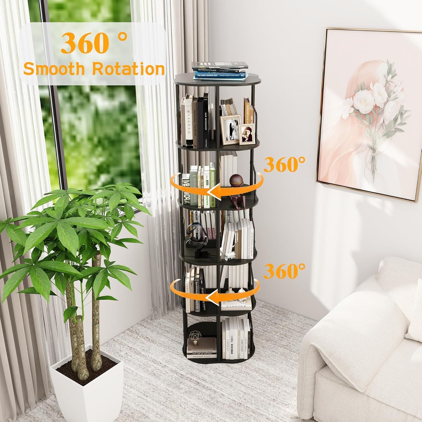5-Tier Rotating Bookshelf, 360 ° Display Stackable Spinning Bookshelf Tower, Narrow Space Saving Tall Floor Standing Swivel Bookcase Corner Organizer for Bedroom, Living Room, Black